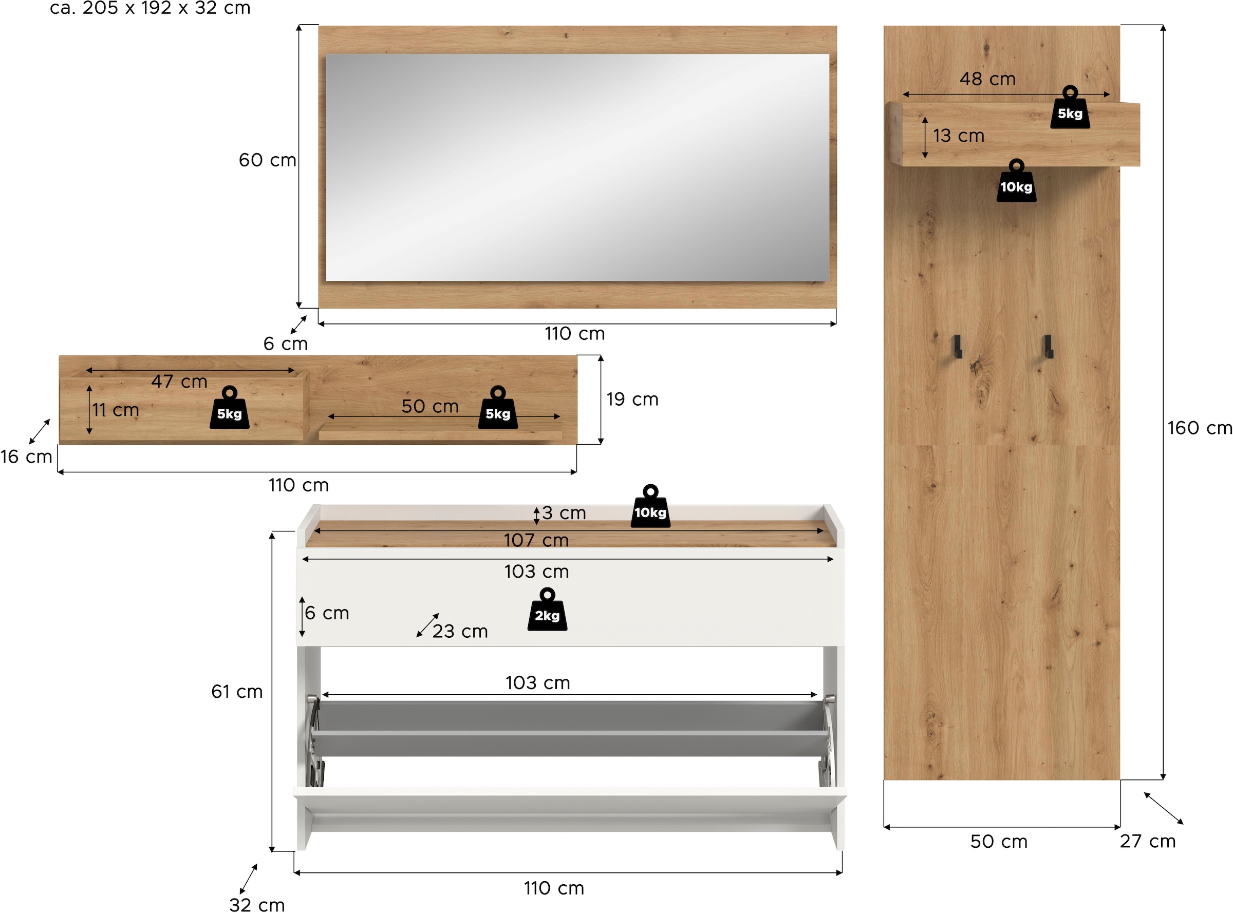 INOSIGN Garderoben-Set »EVRID, 4-teilig, Breite 205 cm, individuell hängbar & erweiterbar« best. aus.: Wandboard, Kommode, Spiegel, Garderobenpaneel, 4 Stk. tlg. Garderobenkombination, Garderobe, Wandgarderobe, Flur, Diele