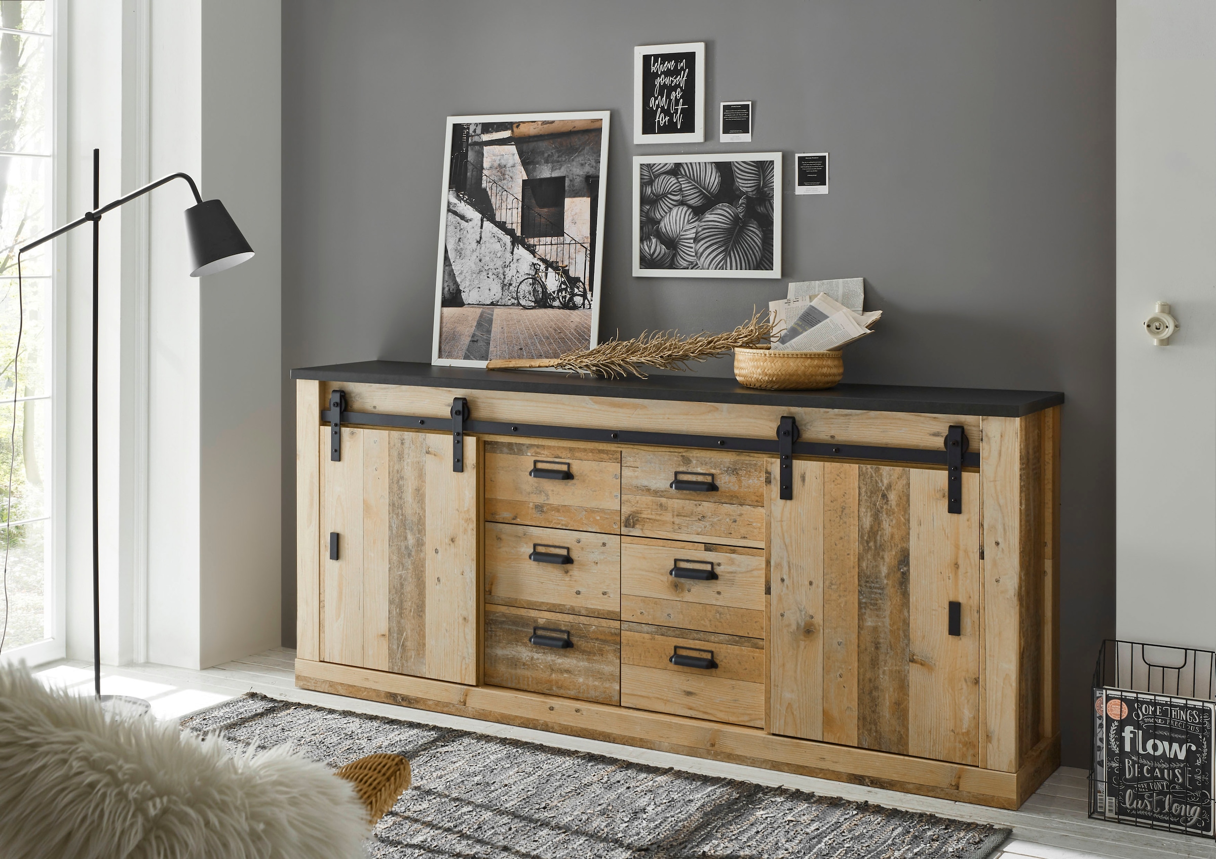 Home affaire mit cm Dekor, Scheunentorbeschlag modernes »SHERWOOD«, Holz 201 Breite aus | Metall, Sideboard BAUR