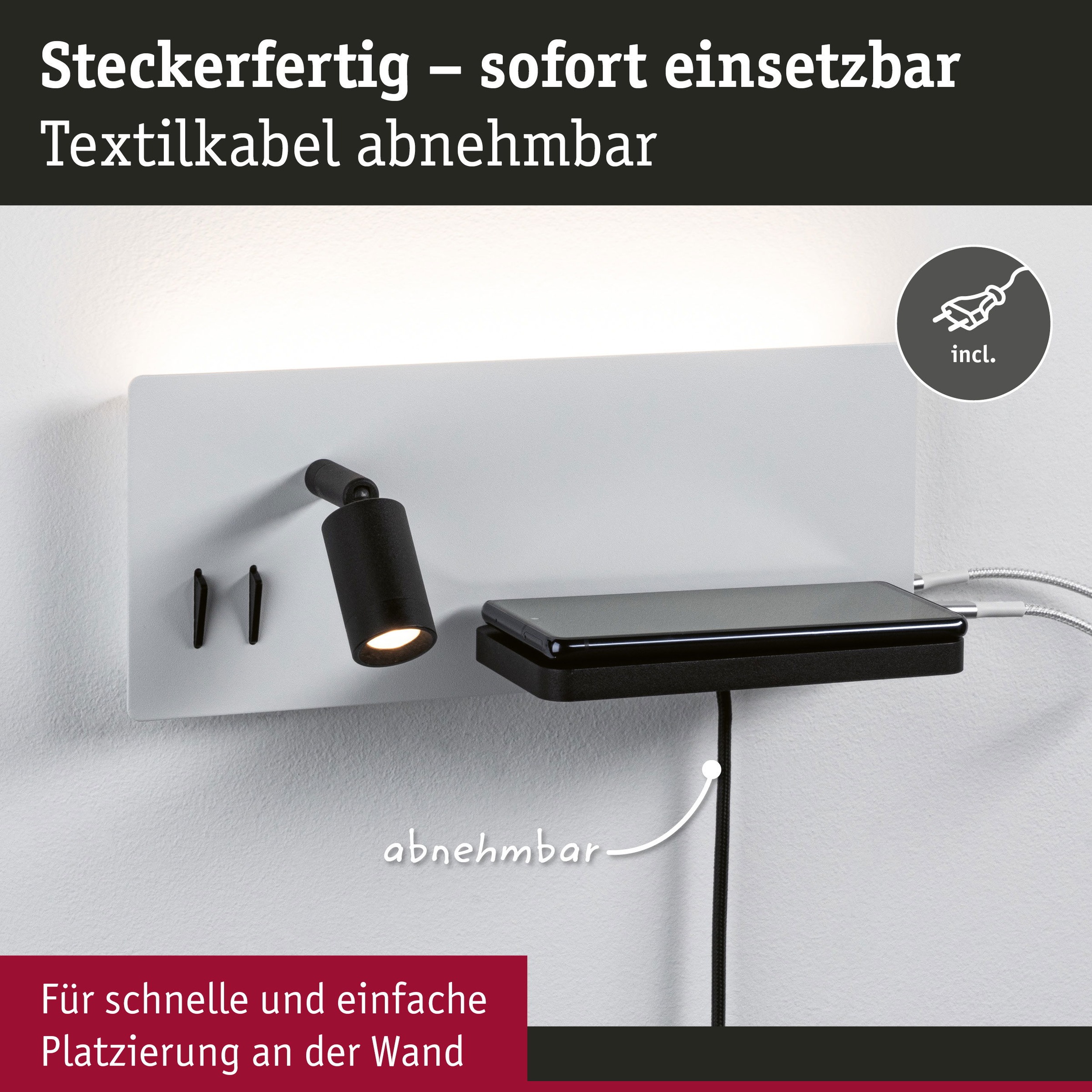 Paulmann LED Wandleuchte »Serra 2700K 650lm / 200lm 230V 5,5 / 1x2,6W«, 1 flammig, Bettleuchte, USB C, dimmbar