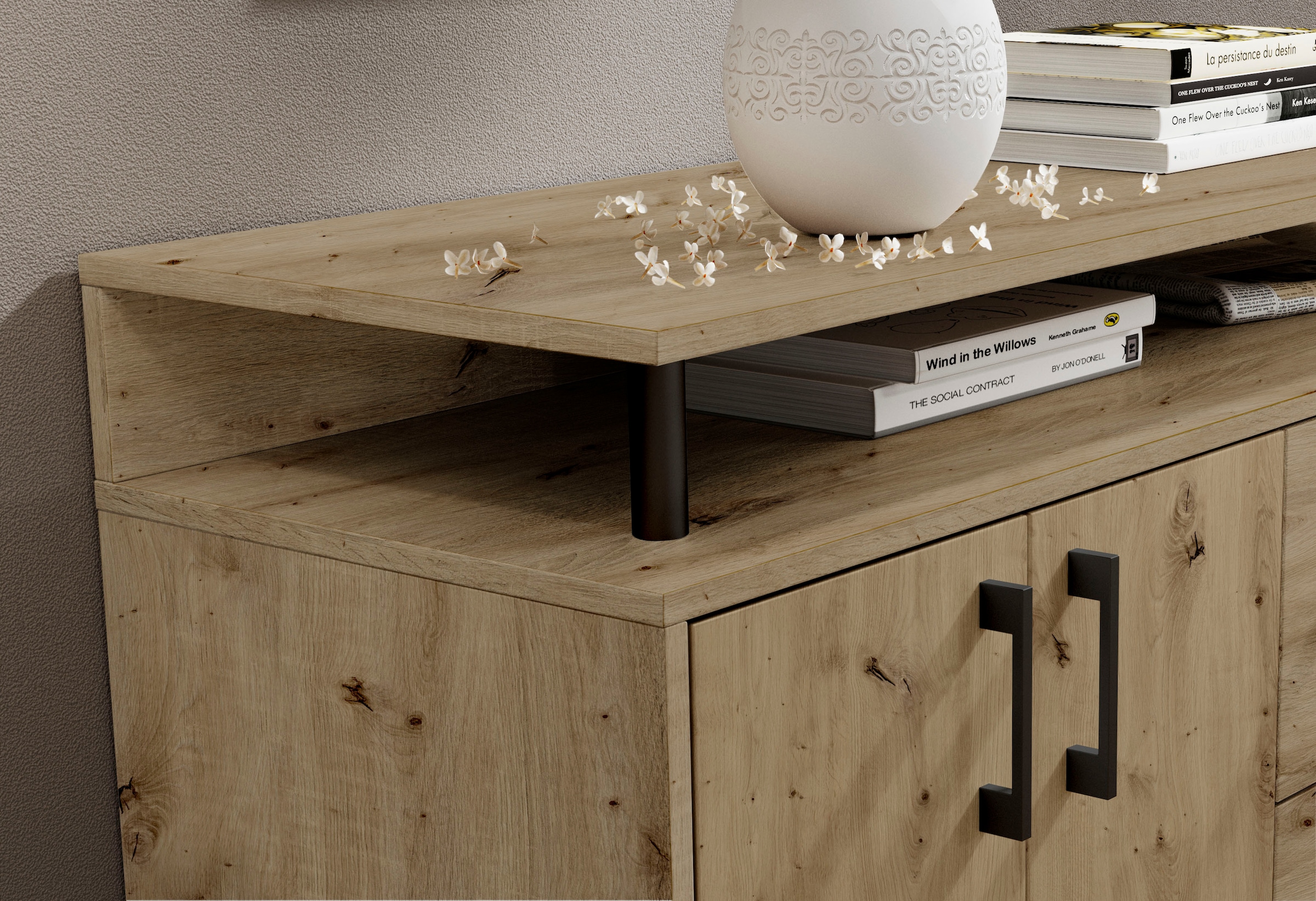 HBZ Sideboard »Drivno Sideboard, B/H/T 139x90x34 cm« 1 Stk. tlg. Breite 139cm, Kugelauszug, Einlegeböden verstellbar, 3 Schubkästen