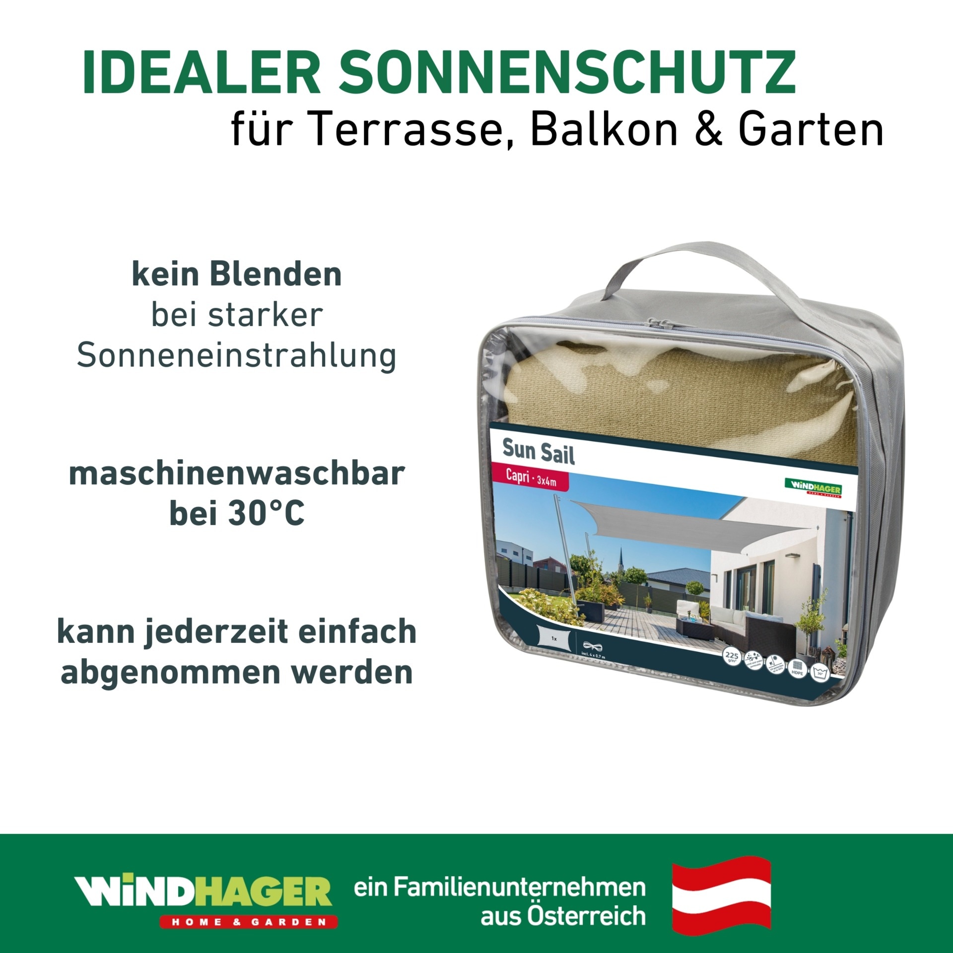 Windhager Sonnensegel »Capri, Rechteckiges Segel zur Beschattung von Garten, Terrasse, Balkon« Sonnenschutz 3 x 4 m, erhältlich in grau, champagner oder reed