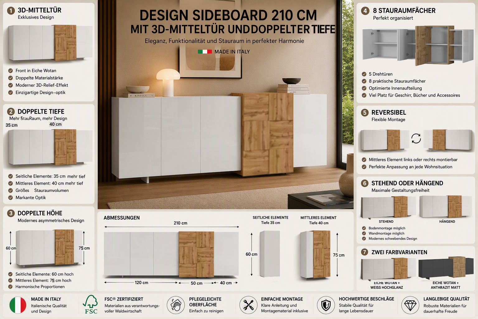 OTTO home Sideboard »Sideboard NEXOS, Kommode, Schrank, Kredenz« 1 Stk. tlg. Mit 5 Drehtüren, 8 geschlossenen Fächern, reversibel, B. 210 cm