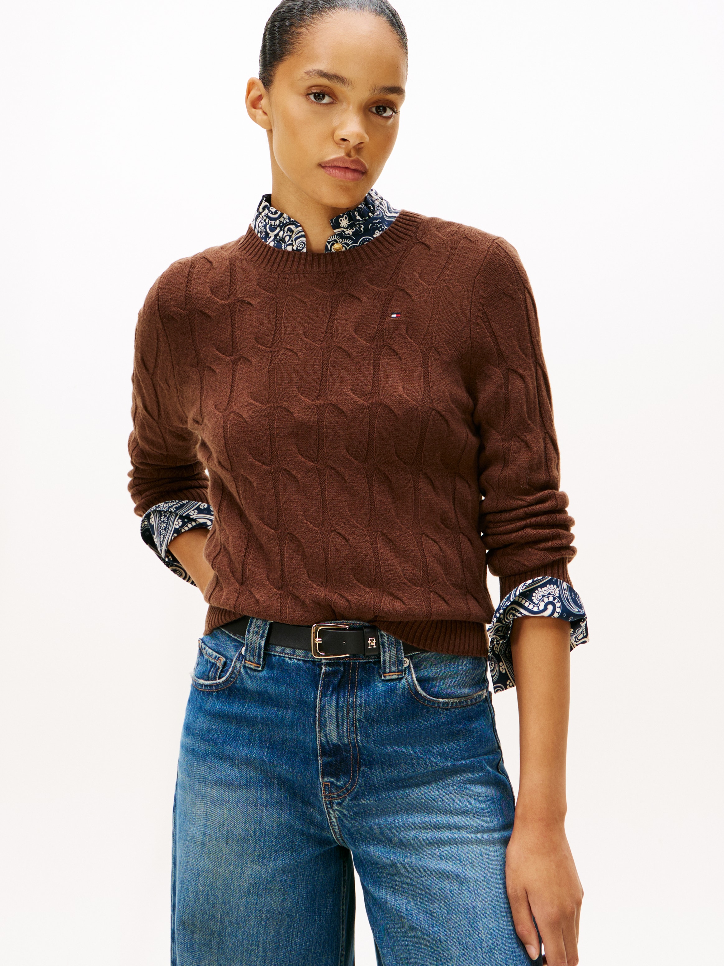 Tommy Hilfiger Strickpullover "SOFT WOOL CABLE C-NK" mit Zopfmuster, aus reiner Wolle