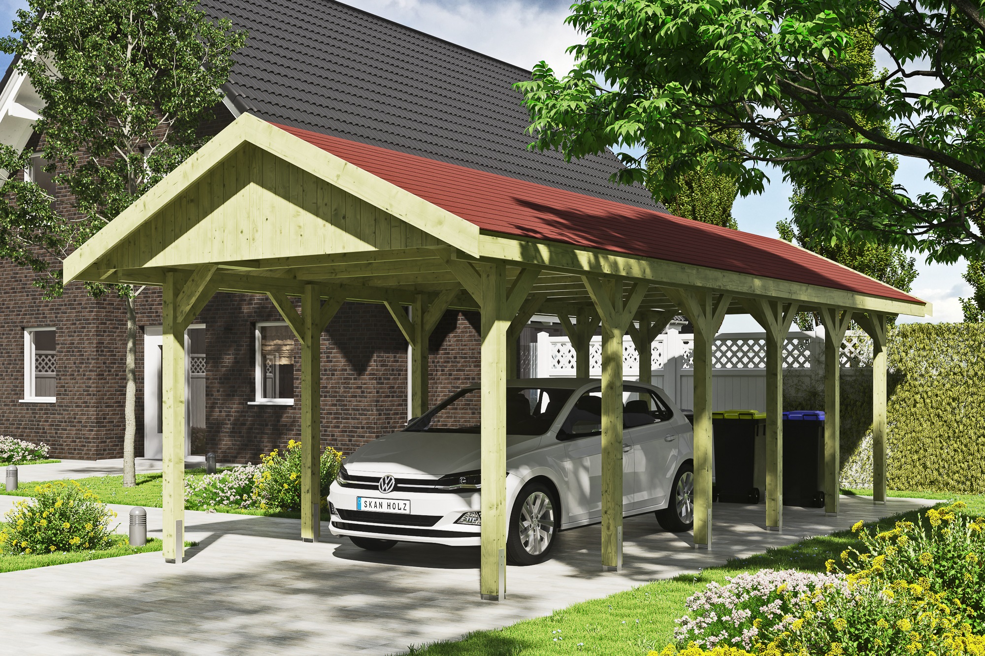 Skanholz Einzelcarport »Wallgau«, Nadelholz, 291 cm, Grün, mit roten Dachschindeln