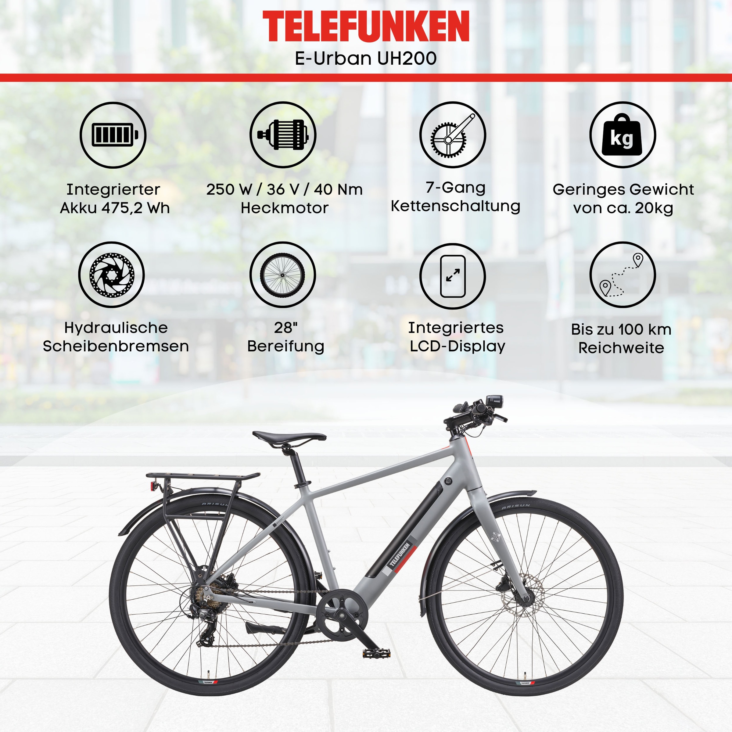 Telefunken E-Bike »UH200«, 7 Gang, Shimano, Heckmotor 250 W, (28 Zoll, Straßenzulassung, Scheibenbremsen), Pedelec, Elektrofahrrad für Herren u. Damen, Urbanbike, Cityrad