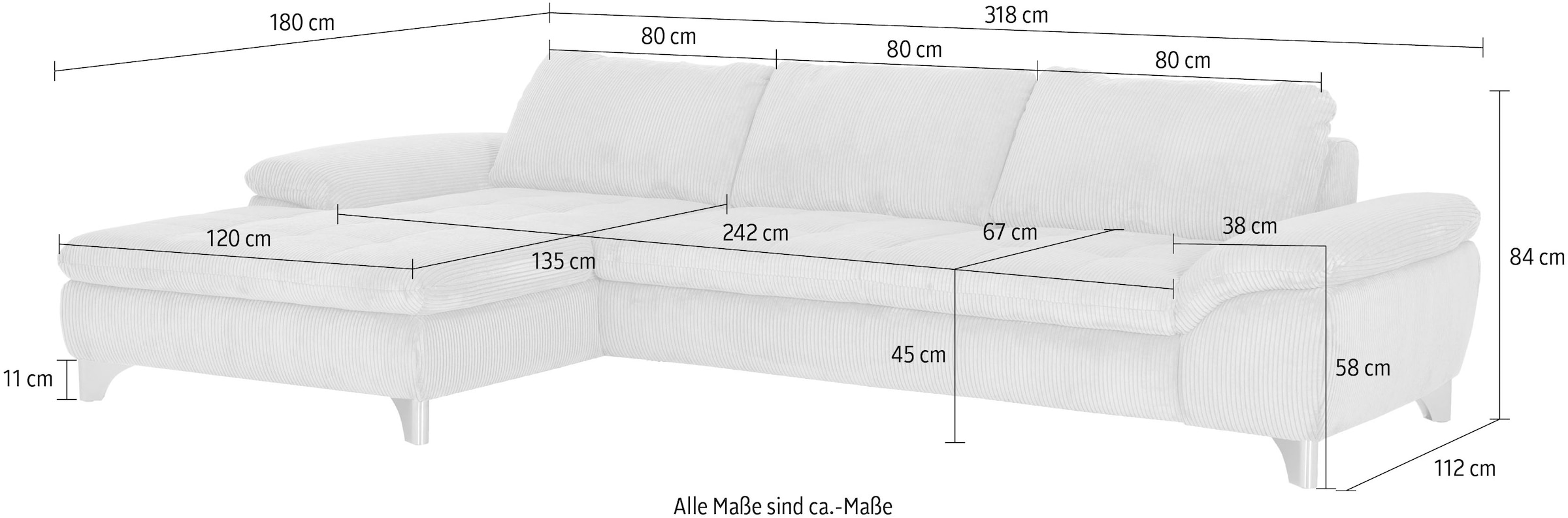 Die PlanBar Ecksofa »Recamiere MP-IN14007 L-Form, Breite 318 cm« wahlweise mit Schlaffunktion und verstellbaren Kopfstützen
