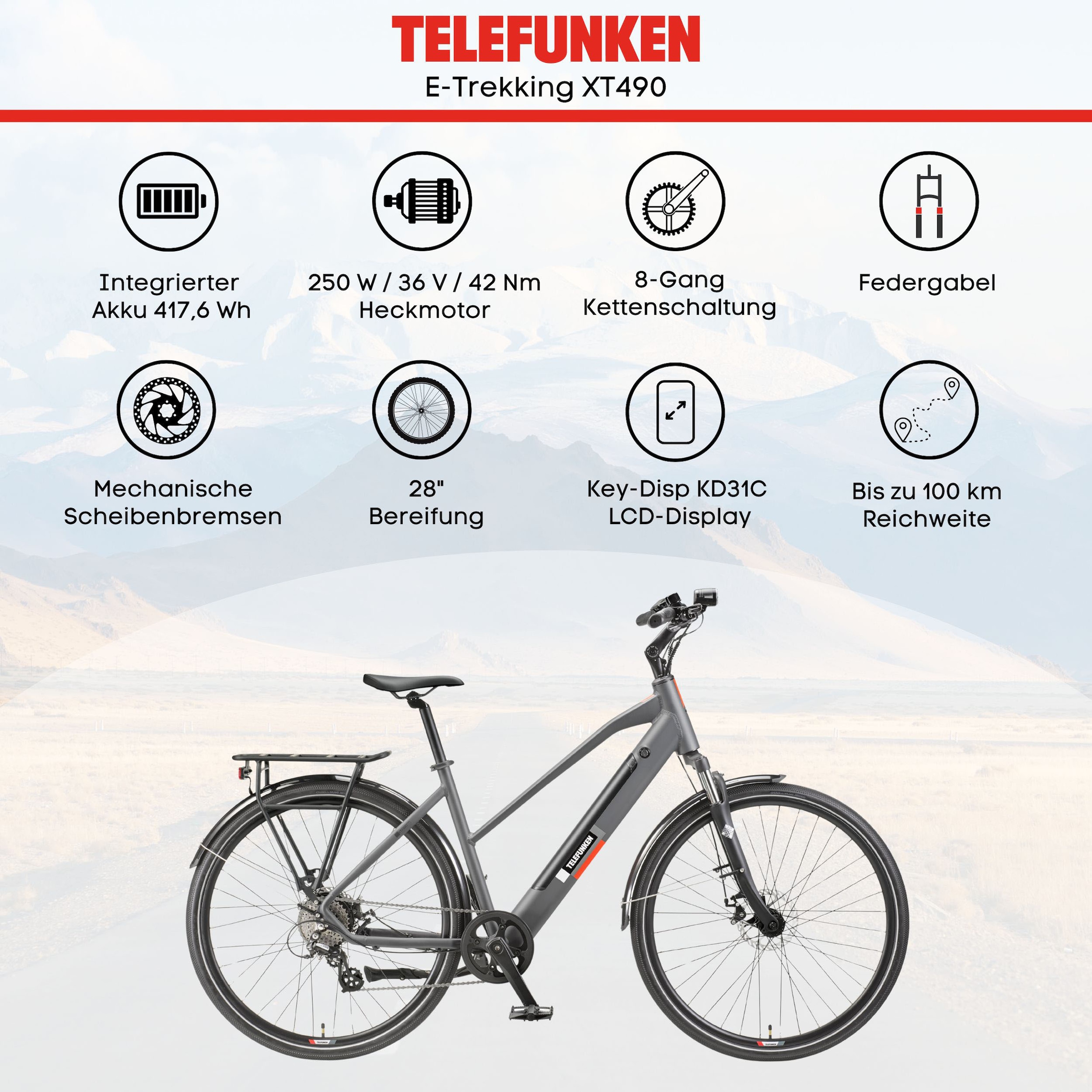 Telefunken E-Bike »E-Trekking Expedition XT490 Damen«, 8 Gang, Shimano, Altus, Heckmotor 250 W, Pedelec, Elektrofahrrad, Damen, innerhalb StVZO, 28 Zoll