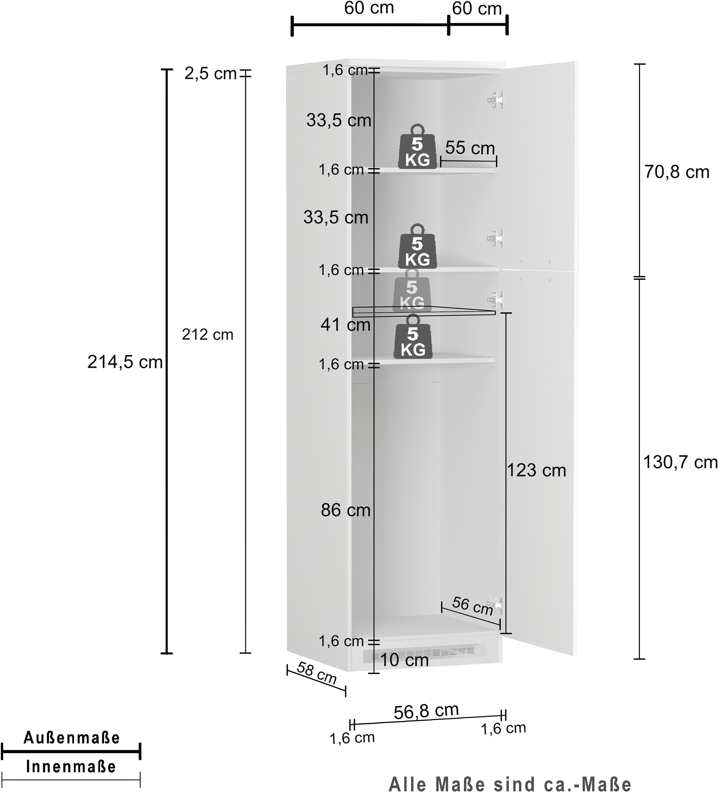 KOCHSTATION Kühlumbauschrank »Luna, Kühlschrank-Umbau, Einbauschrank für Kühlschrank, Made in Italy« B/T/H: 60×60×214,5 cm, für zwei Kühlschrankhöhen vorbereitet