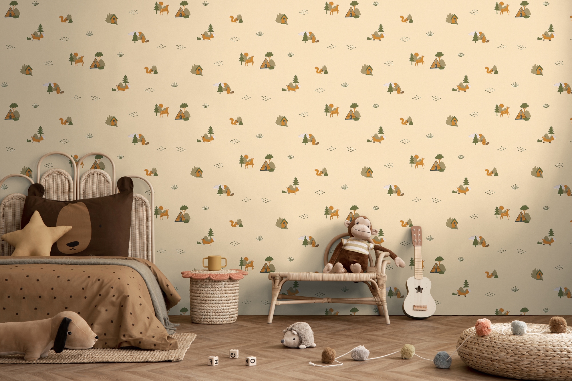 living walls 1100000002199 "Kids Studio Waldtiere – Vliestapete für Kinder" Wald grafisch naturalistisch glatt Fuchs, Reh und Eichhörnchen im modernen Scandi-Look