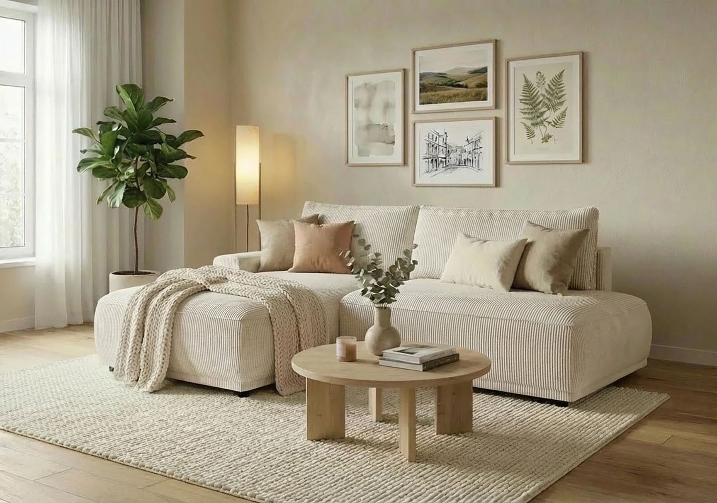 TRENDMANUFAKTUR Ecksofa "Fordon II, Schlafsofa mit Bettkasten, Couch in L-Form, Breite 250 cm" in Cordstoff HYPER, cream, Armlehne links