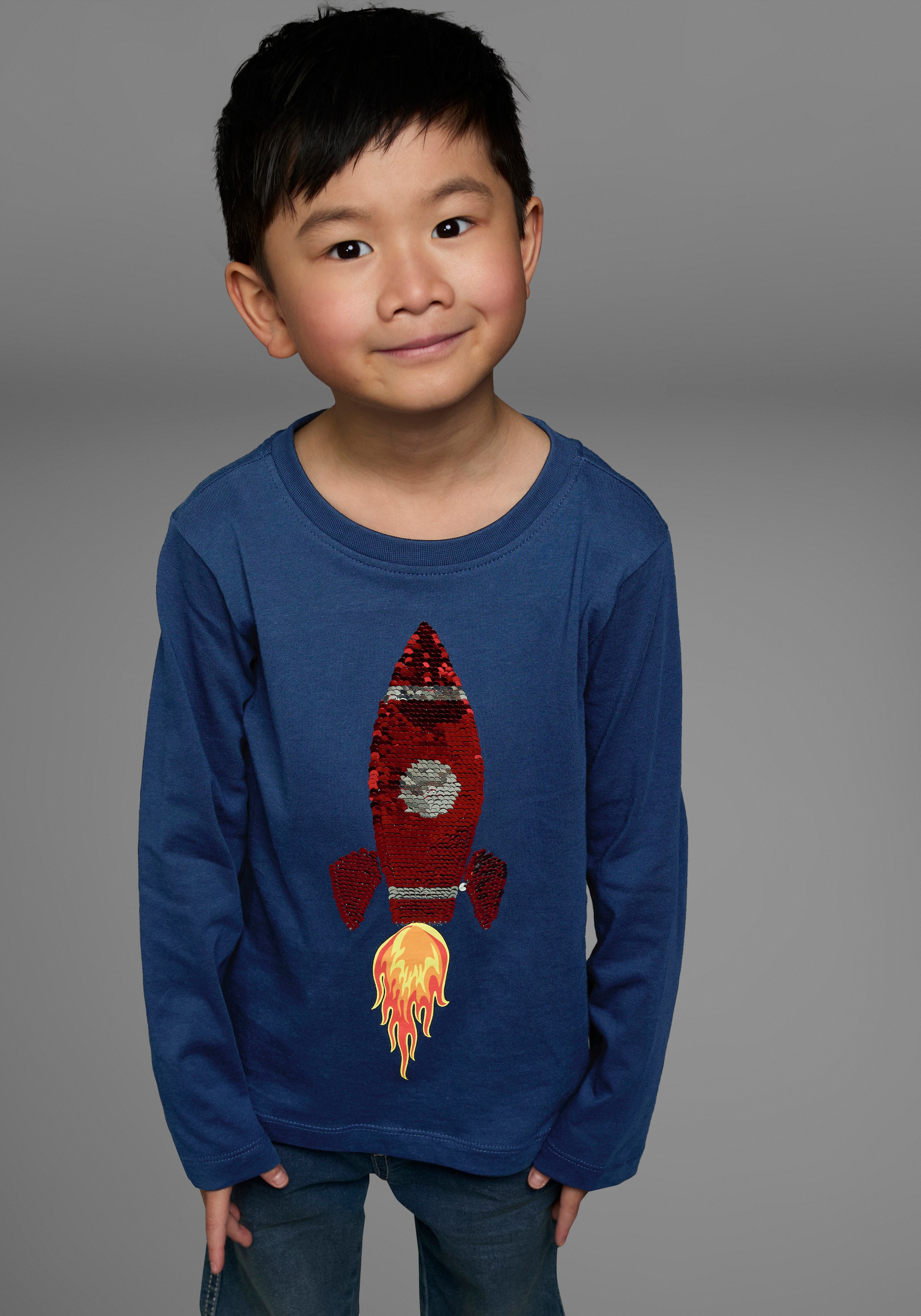 KIDSWORLD Langarmshirt "Rakete aus Wendepailletten" langärmelige, Basic-Passform, aus Jerseystoff, aus Baumwolle