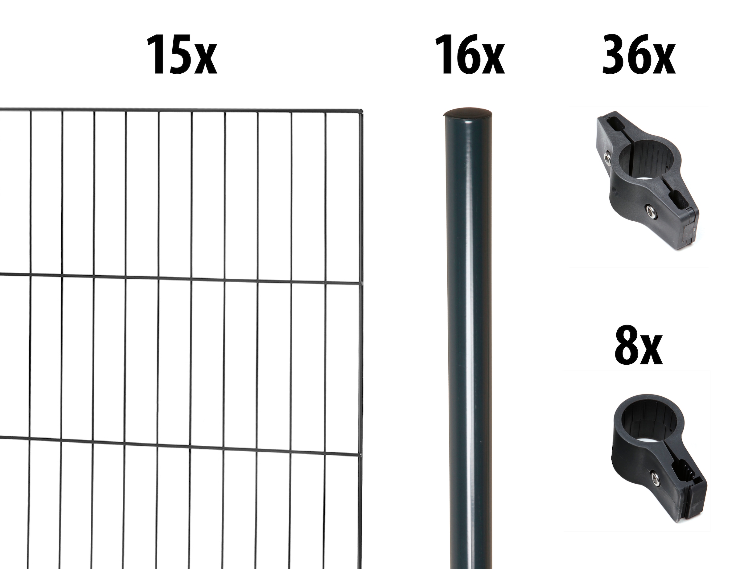 GARDEN N MORE Einstabmattenzaun "mit Rundpfosten", 15 Elemente für 30 m, LxH: 200 x 175 cm, mit 16 Pfosten