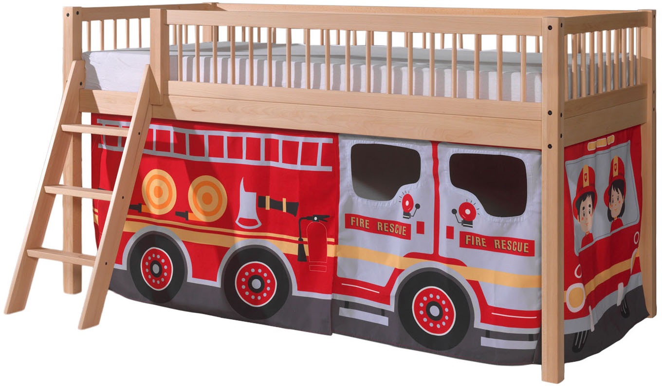 Vipack Spielbett »Forrest, Absturzschutz mit Sprossen-Optik, Pfostenstärken ca. 50x50mm« Buche natur lackiert, stabil und hochwertig gebaut, inkl. Lattenrost,  90/200 cm, inkl. Vorhang-Set 3-tlg., Spielbereich unter dem Bett