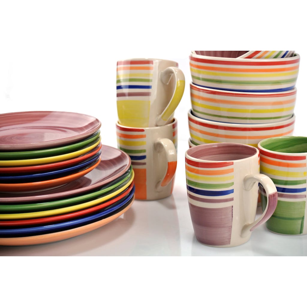 Retsch Arzberg Kombiservice »Geschirr-Set, Service COLOUR STRIPES«, (Set, 24 tlg., Frühstücks- u. Speiseteller, Becher, Schalen)