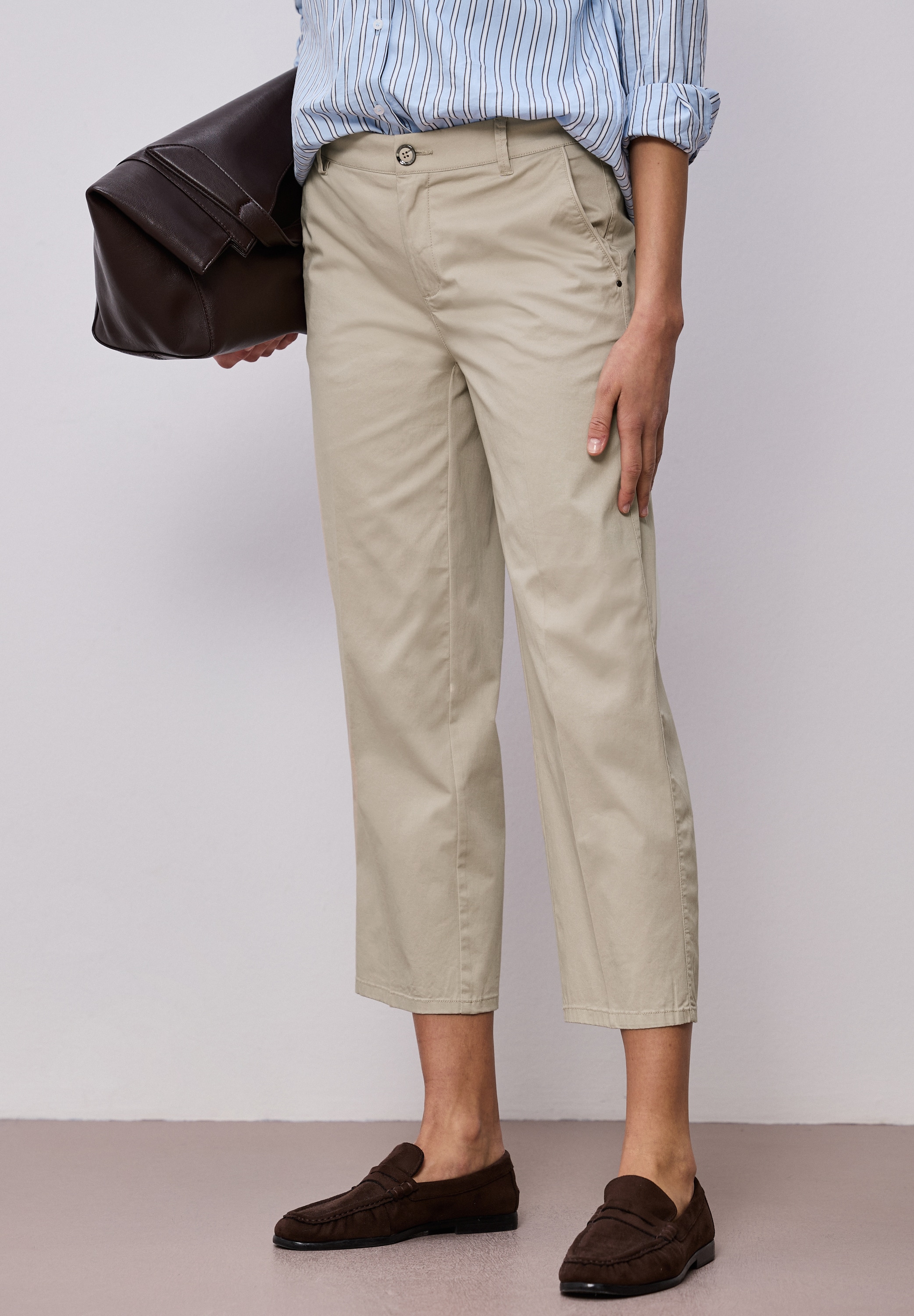 Chinohose STREET ONE, Damen, Gr. 42, Länge 28, cobble stone, Web, 97% Baumwolle, 3% Elasthan, unifarben, comfort fit knöchelfrei, Hosen Chinohose, Middle Waist