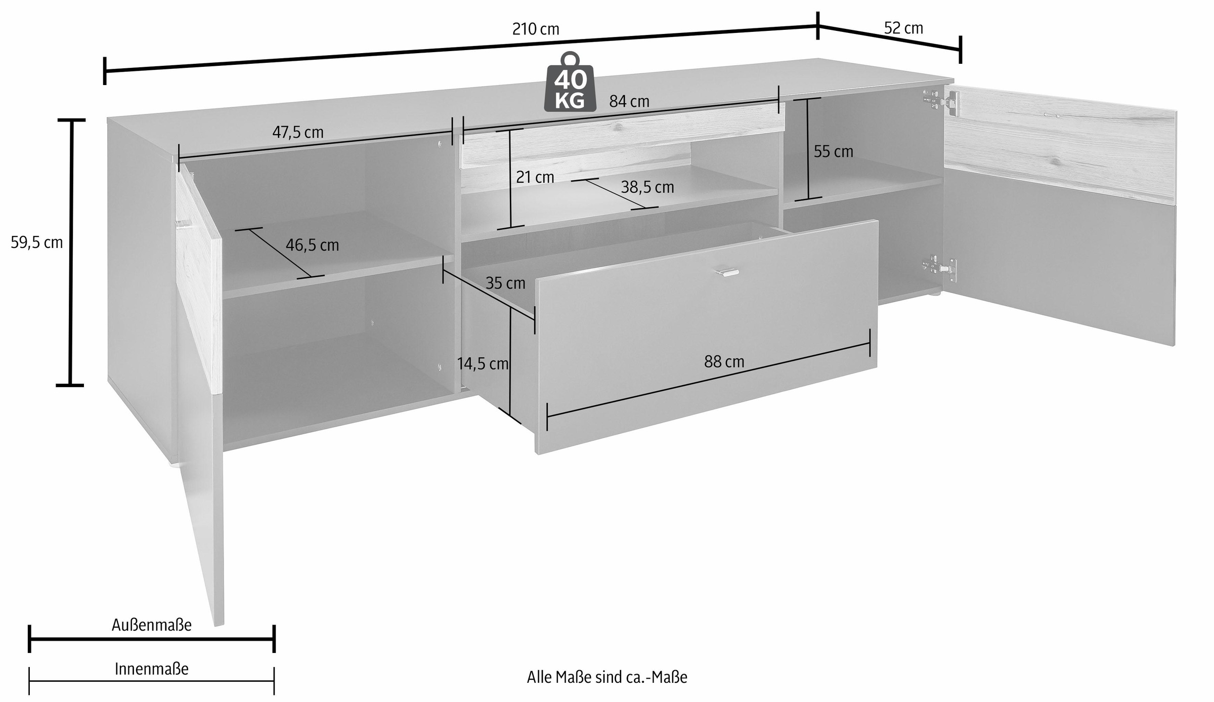 FORTE Lowboard »Como«, TV-Board, LED Beleuchtung, Soft Close, Stauraum, 209,8/59,3/52 cm