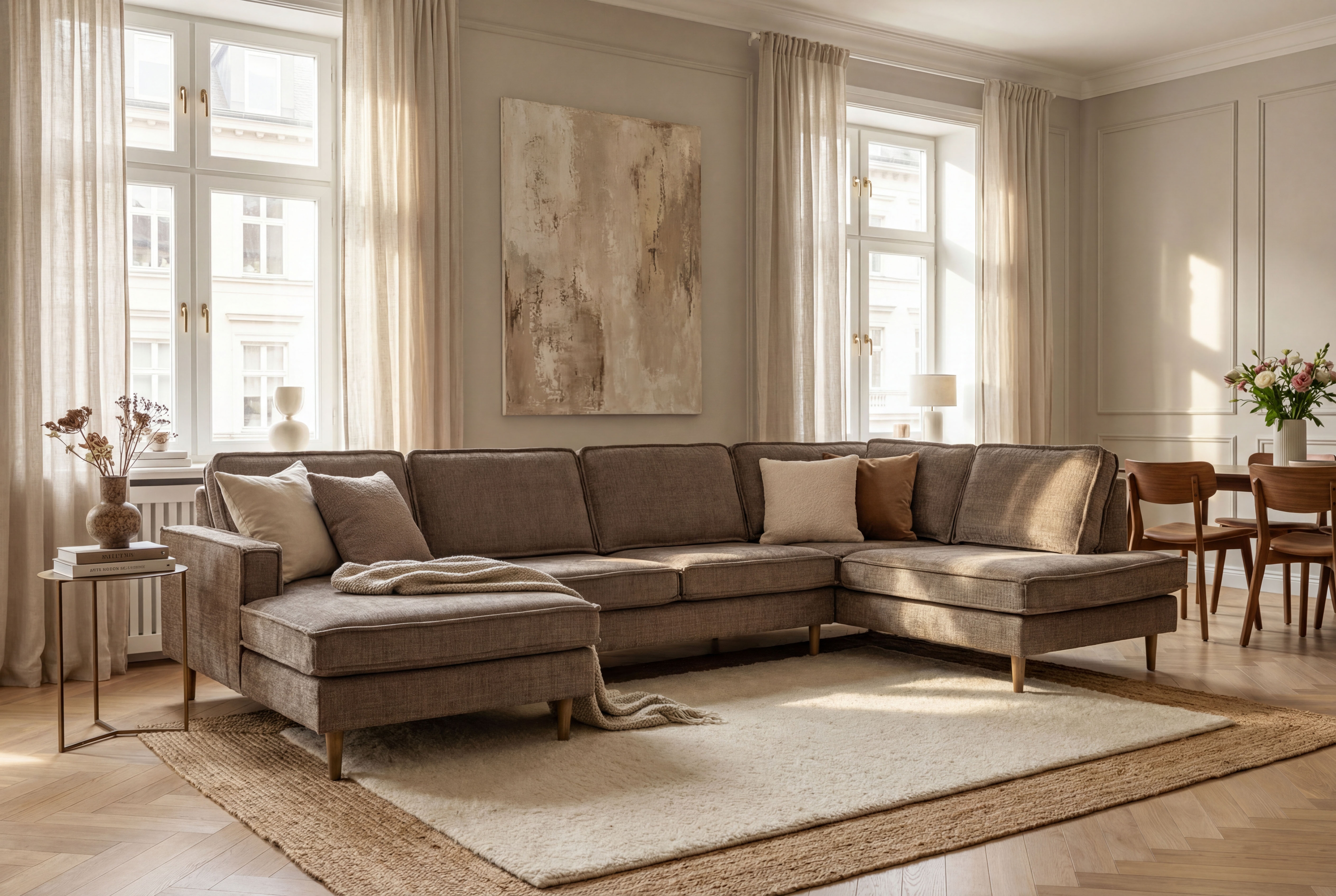 OTTO home Wohnlandschaft "Pinto Skandi, 350 cm, U-Form, XXL, mit Ottomanen" mit Keder, Massivholzfüße Eiche geräuchert, Wellenunterfederung