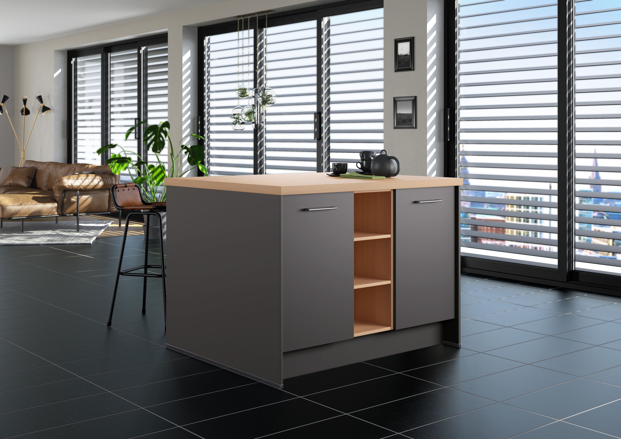 IMPULS KÜCHEN Kücheninsel »Kopenhagen, flexibel stellbar« Set,  vormontiert, mit integriertem Sitzplatz auf einer Seite, Breite 123 cm