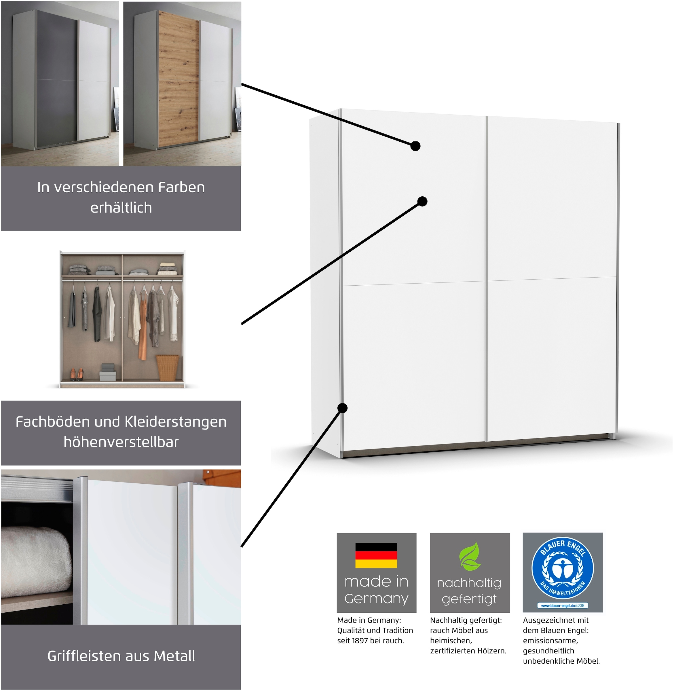 rauch Schwebetürenschrank »Kleiderschrank Schrank Garderobe SATURN mit 3 Ausstattungsvarianten«, 3 verschiedene Ausstattungsvarianten Griffe aus Metall MADE IN GERMANY