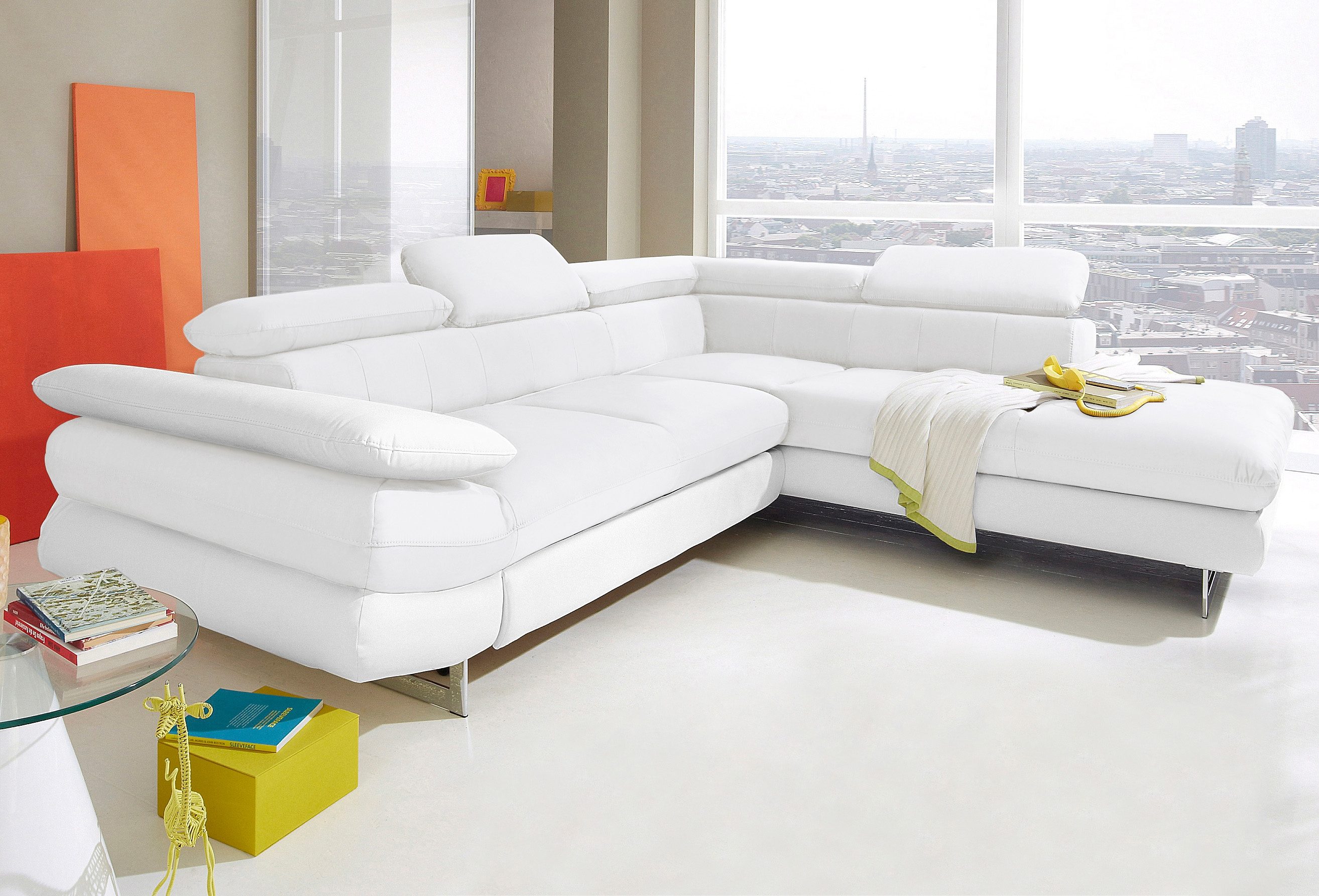 COTTA Ecksofa "Solution L-Form, Design Sofa, bequeme Wellenunterfederung, Design Fuß" mit Arm- & Kopfteilverstellung, wahlweise mit Schlaffunktion