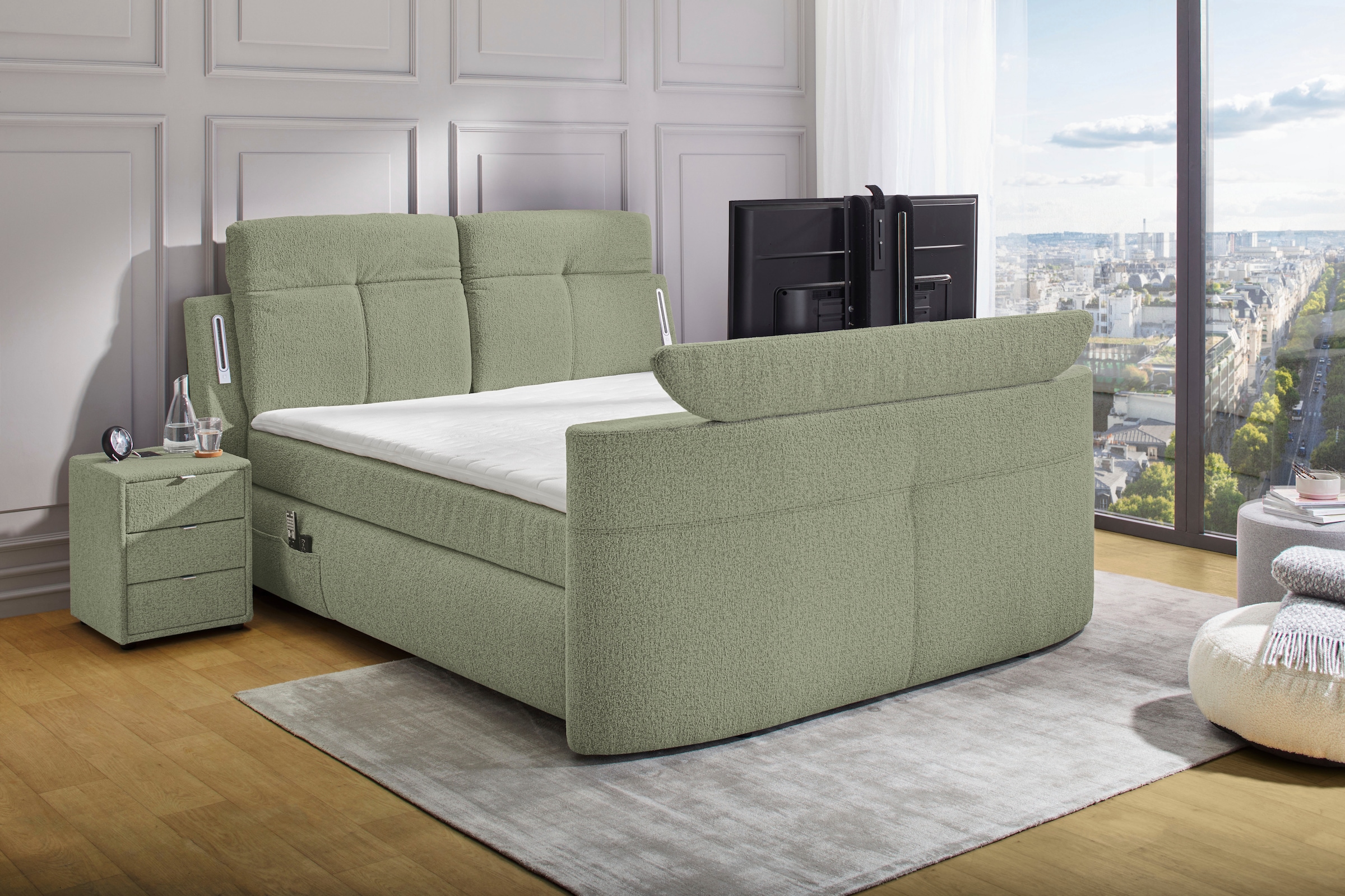Jockenhöfer Gruppe Boxspringbett "MOVIESTAR, mit Taschenfederkernmatratze H3-H4, inkl. LED-Beleuchtung" wahlweise Strukturstoff-Bezug oder Microfaser-Bezug, 180x200cm