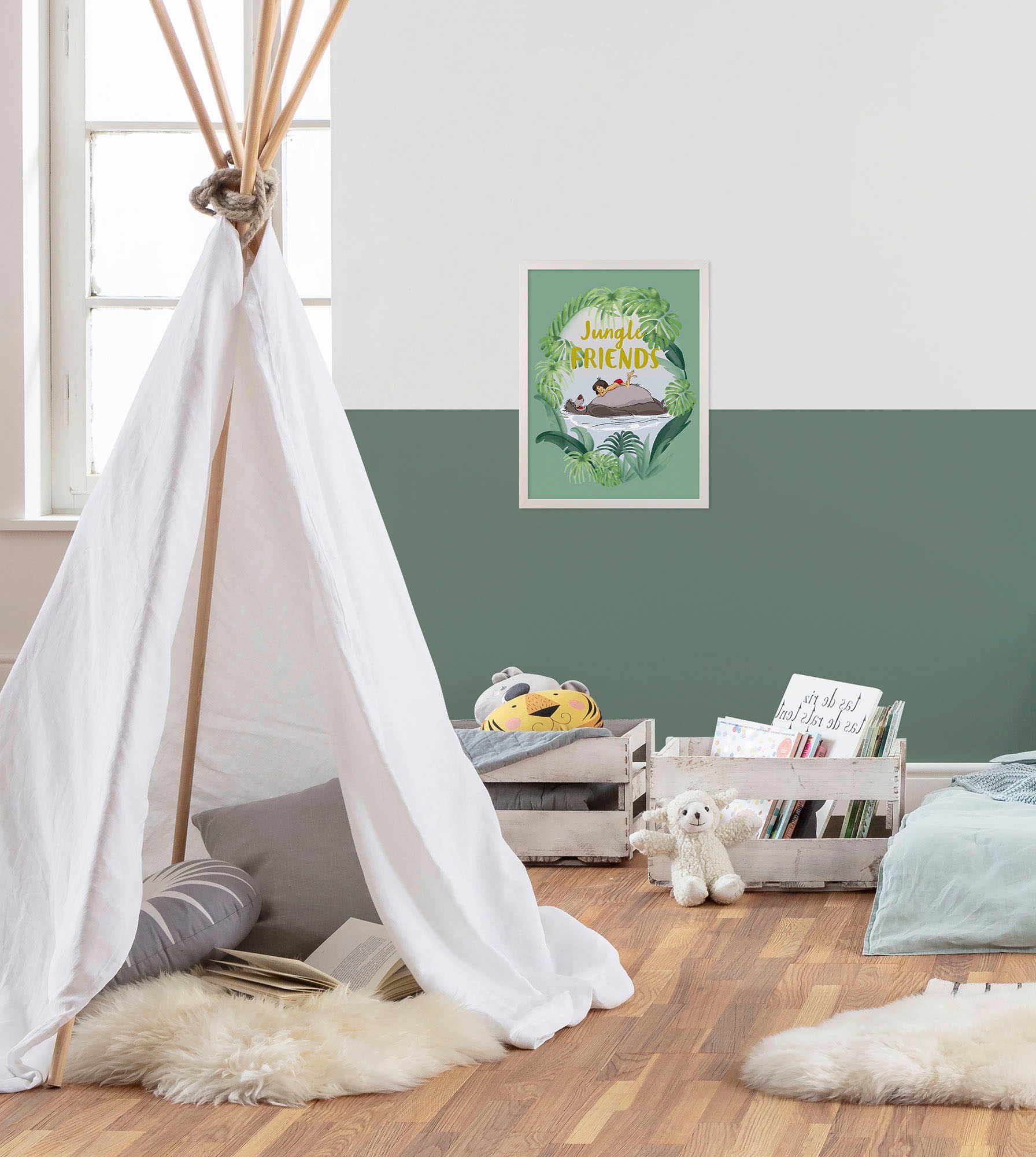 Komar Bild mit Rahmen »Bilderrahmen Holz White mit Wandbild "Jungle Book Friends" als Set«