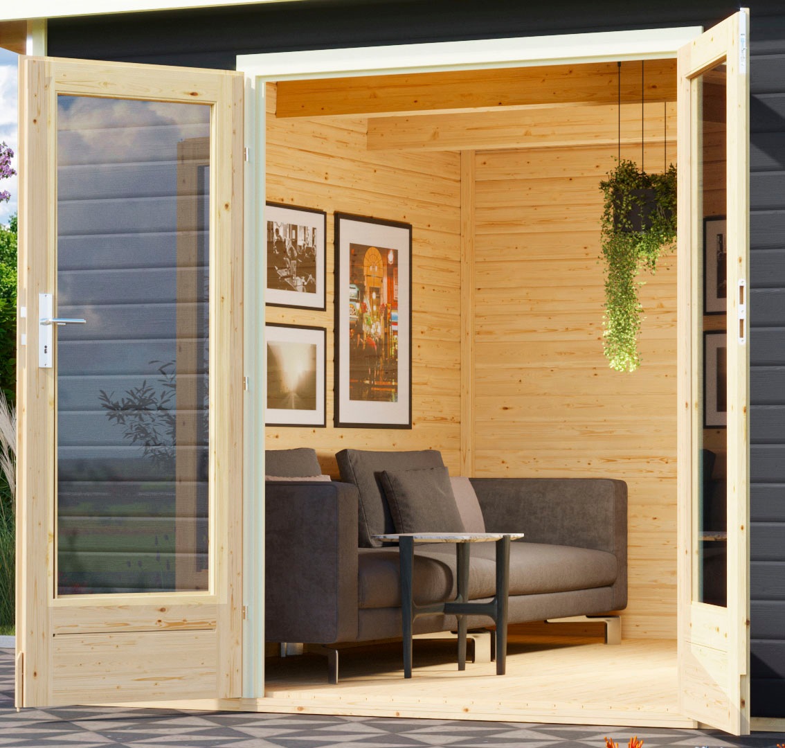 KONIFERA Saunahaus »Maiko 5 SET A«, terragrau, mit Ofen 9 kW Bio ext. Steuerung
