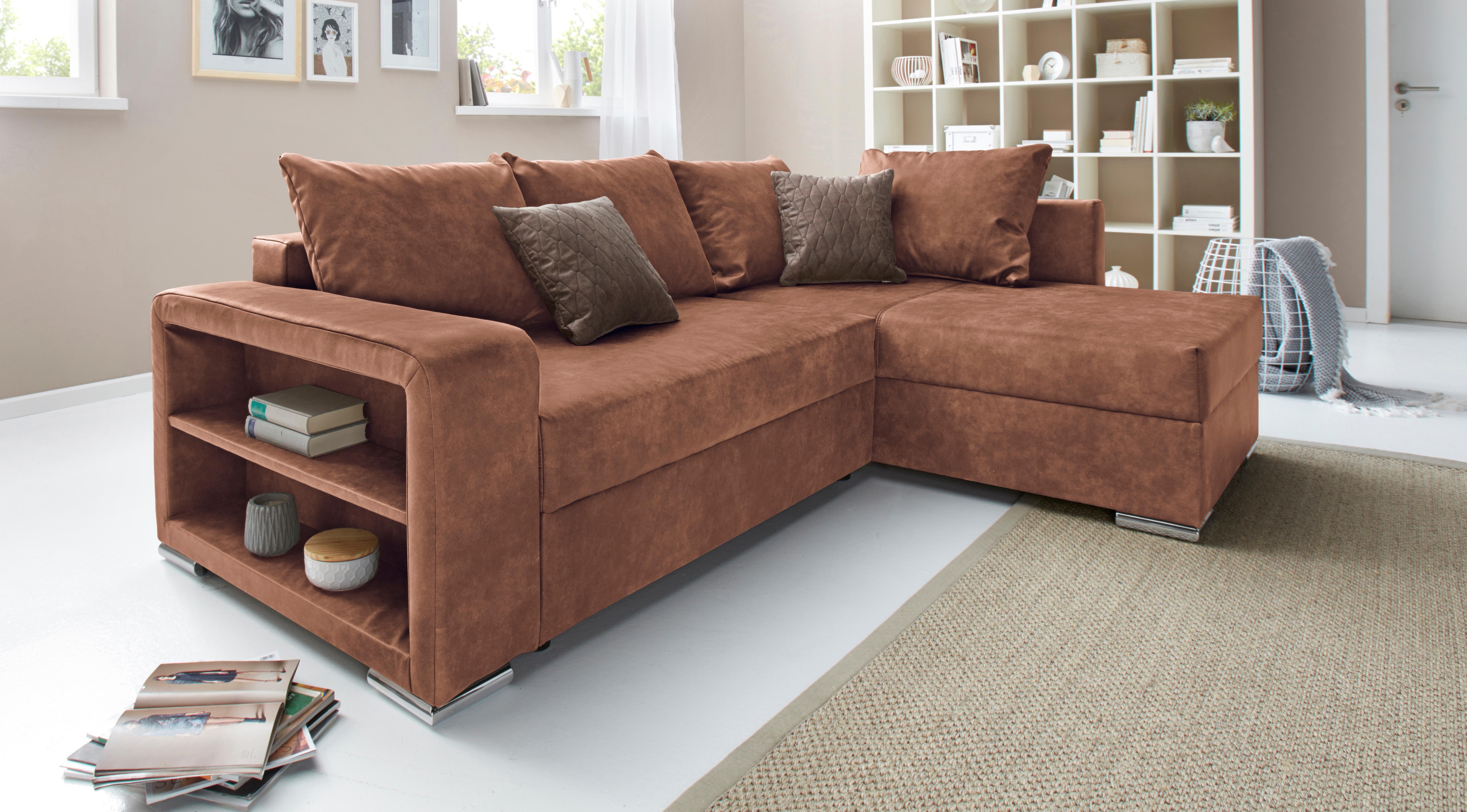 COLLECTION AB Ecksofa "John L-Form, B: 226 cm" Schlaffunktion, Bettkasten, Regalelement & 2 Zierkissen, Federkern