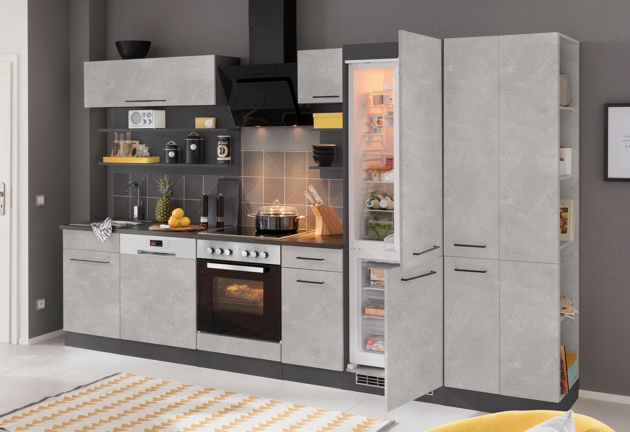 KOCHSTATION Küchenzeile »KS-Tulsa«, mit E-Geräten, Breite 300 cm, schwarze Metallgriffe, MDF Fronten