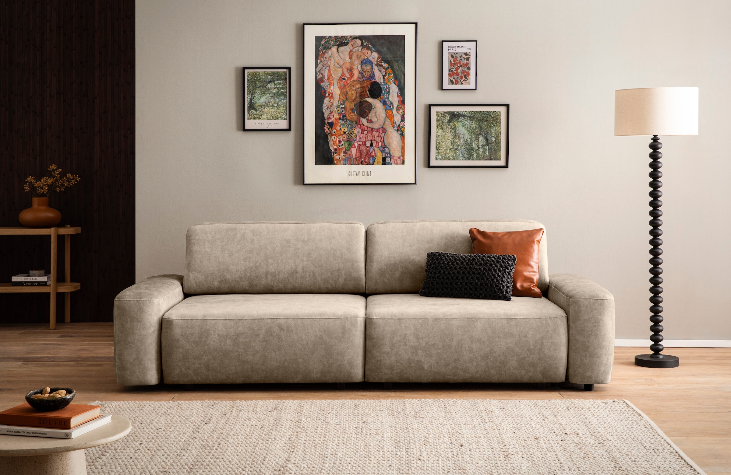 INOSIGN 3-Sitzer »TORGE (257cm), Sofa,Schlafsofa in Cord, Samtvelours, Struktur fein«, rundes Design, Schlaffunktion u. Bettkasten, Liegefläche: 135/200 cm
