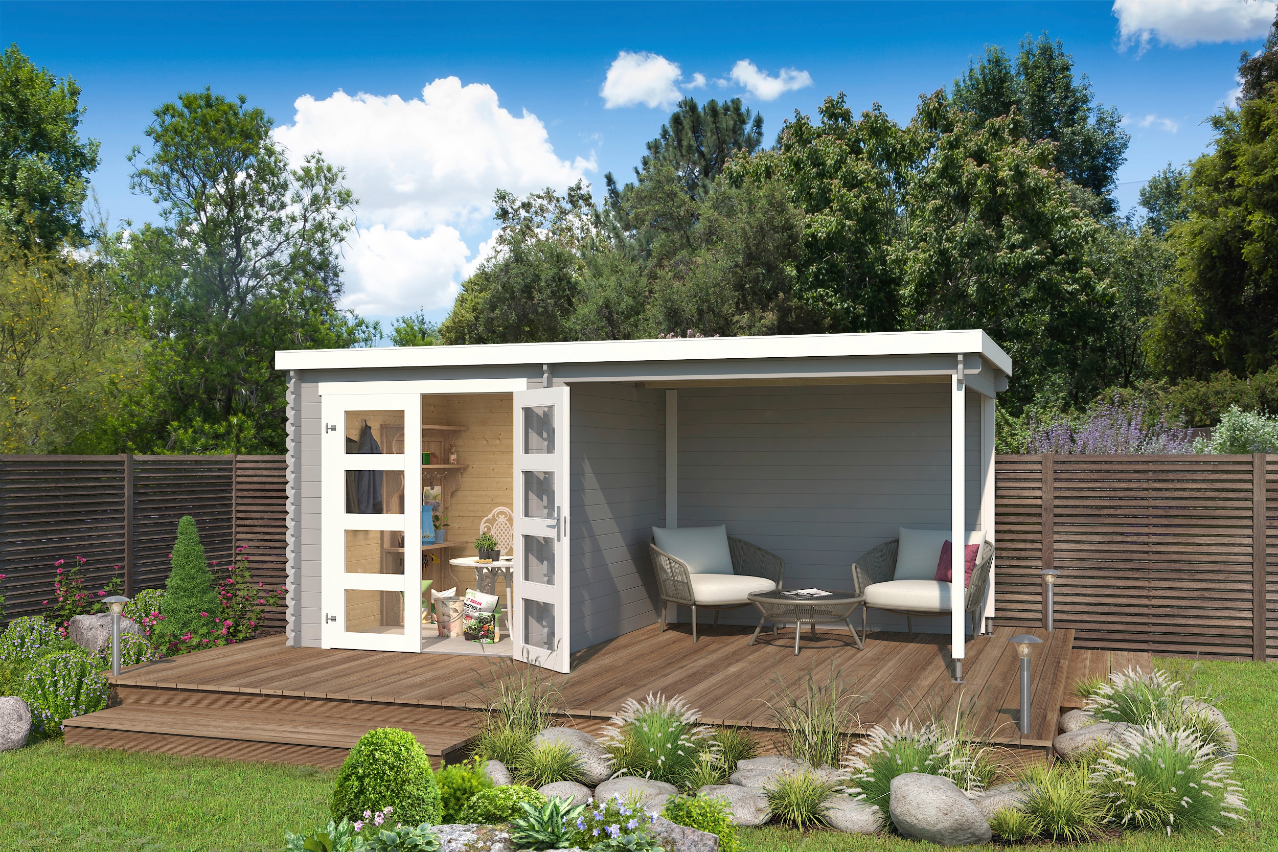 LASITA MAJA Gartenhaus "Long Beach" Blockbohlenhaus 28mm mit Anbau