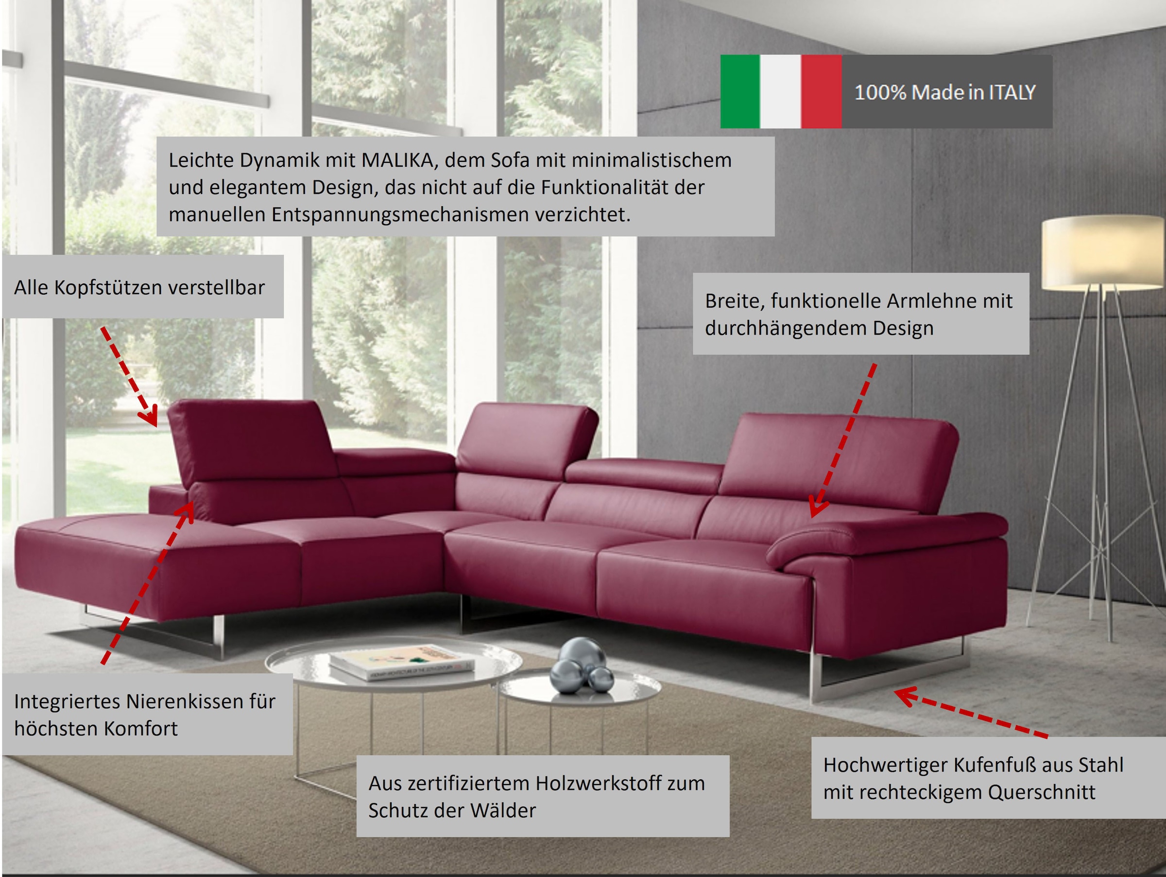 Egoitaliano Ecksofa »Malika«, mit Ottomane, inkl. Kopfteilverstellung und chromfarbenen Metallfüßen