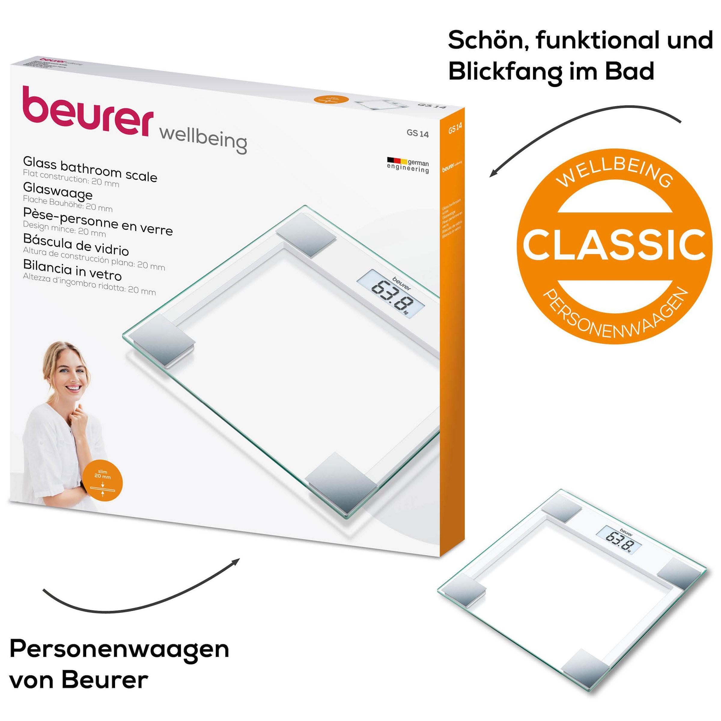 BEURER Personenwaage »GS 14 mit Wiegefläche aus extra klarem Sicherheitsglas«, Flache Bauhöhe, Tragkraft bis 150 kg, Überlastungsanzeige
