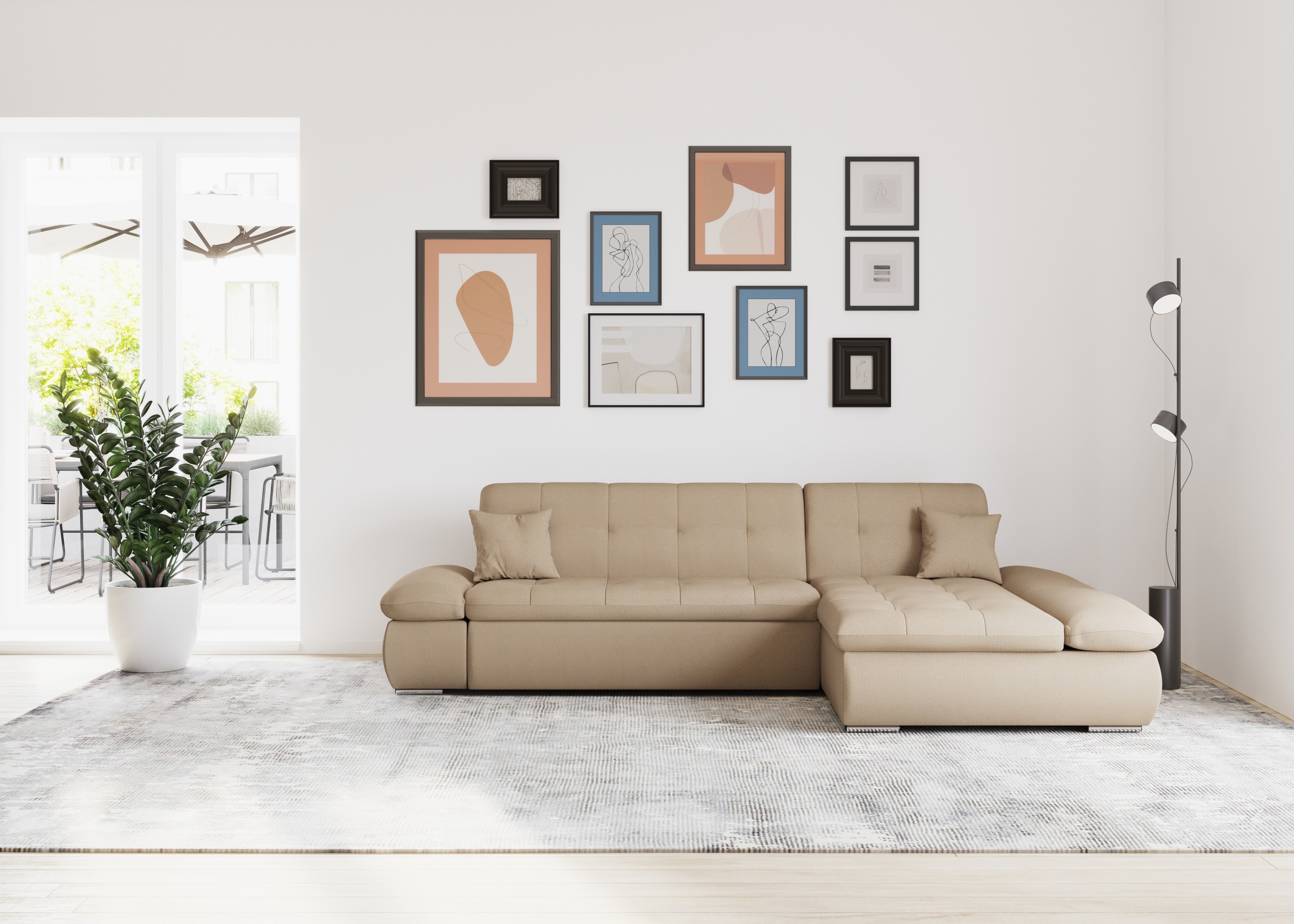 DOMO collection Ecksofa "MORIC 300x172 cm, XXL-Sofa mit viel Platz, L-Form, auch in Cord" wahlweise mit Bettfunktion und Armteilverstellung, cappucino
