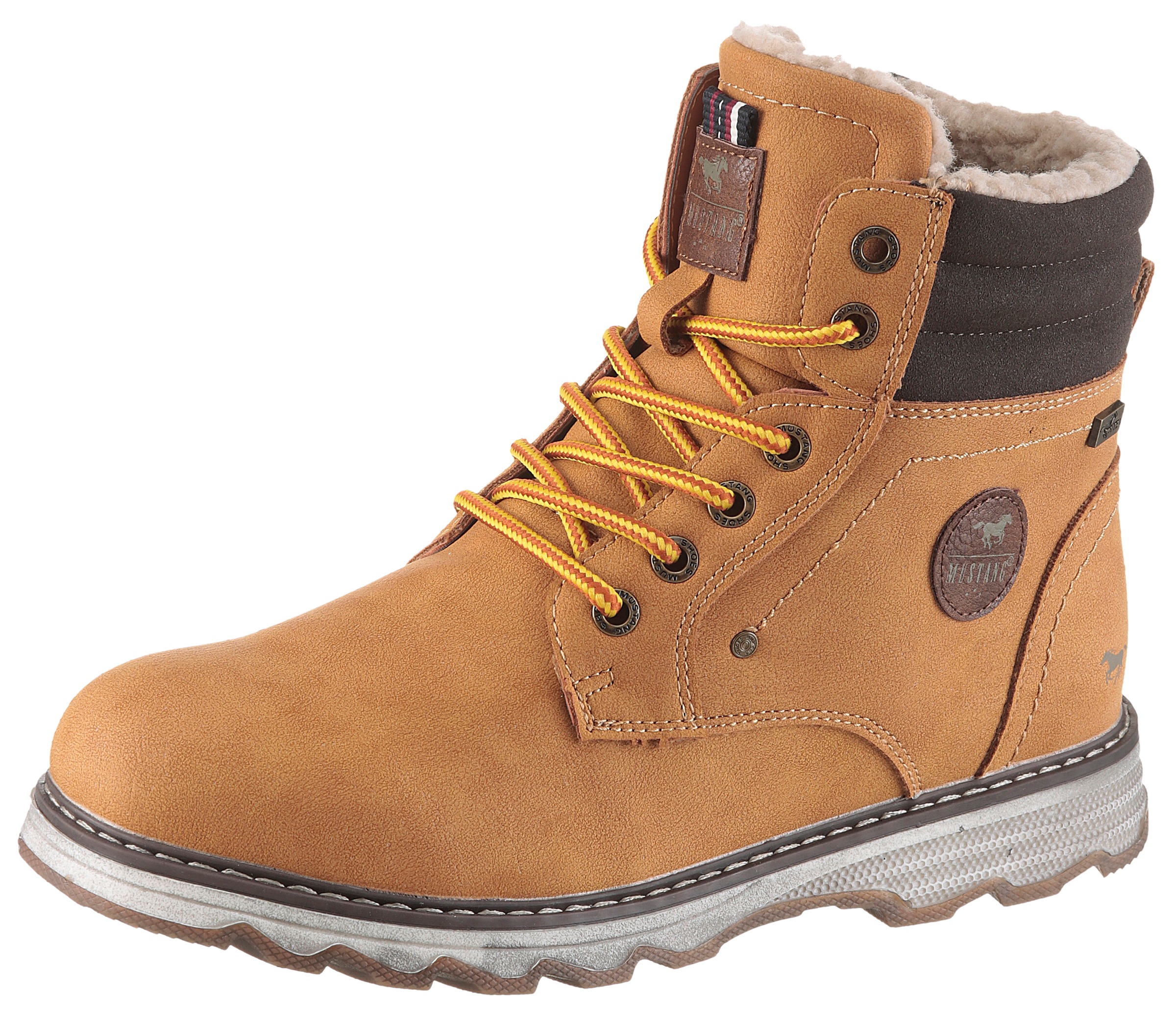 Winterboots MUSTANG SHOES "Arturo", Mädchen, Gr. 28, braun (camelfarben), Lederimitat, unifarben mit Farbeinsatz, Basic, Schuhe Winterboots, Schnürboots, Outdoorboots mit TEX-Membrane