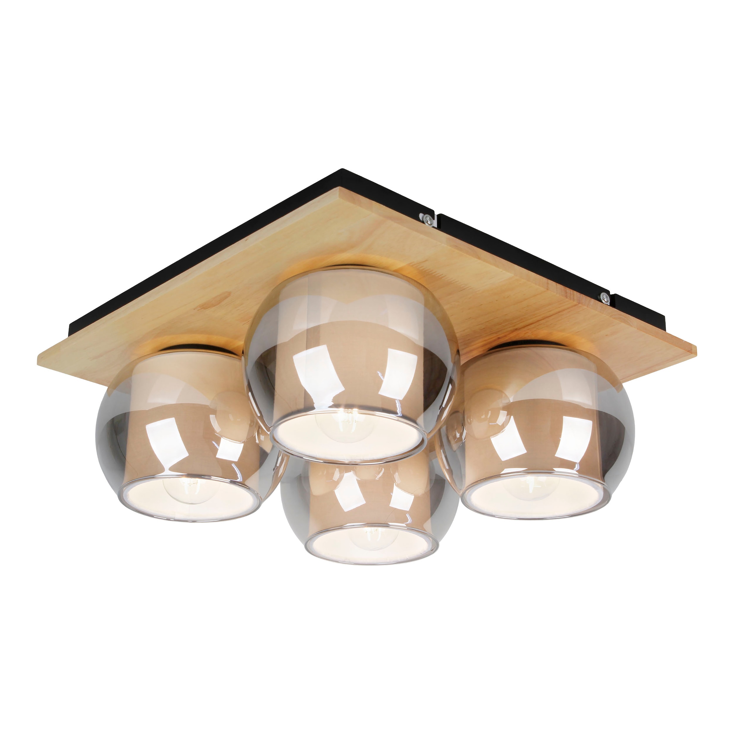näve Deckenleuchte »Texas« E27 1 Stk. Glasschirme smokey, naturfarbenes Holzdetail, 4x E27, quadratisch