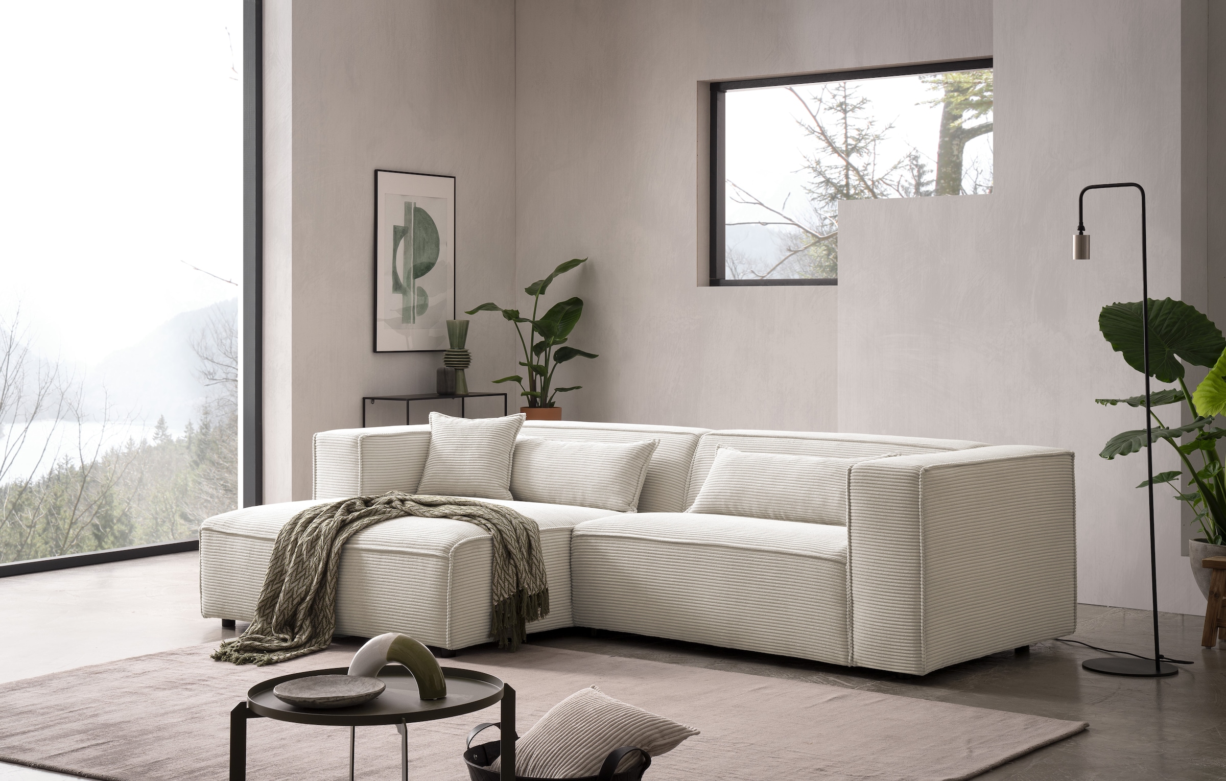 LeGer Home by Lena Gercke Ecksofa »PIARA mit Kedernaht in Cord oder Leinenoptik, moderne Couch in L-Form«, wahlweise Ottomane rechts/links, schwarze Füße, bequemer Sitzkomfort