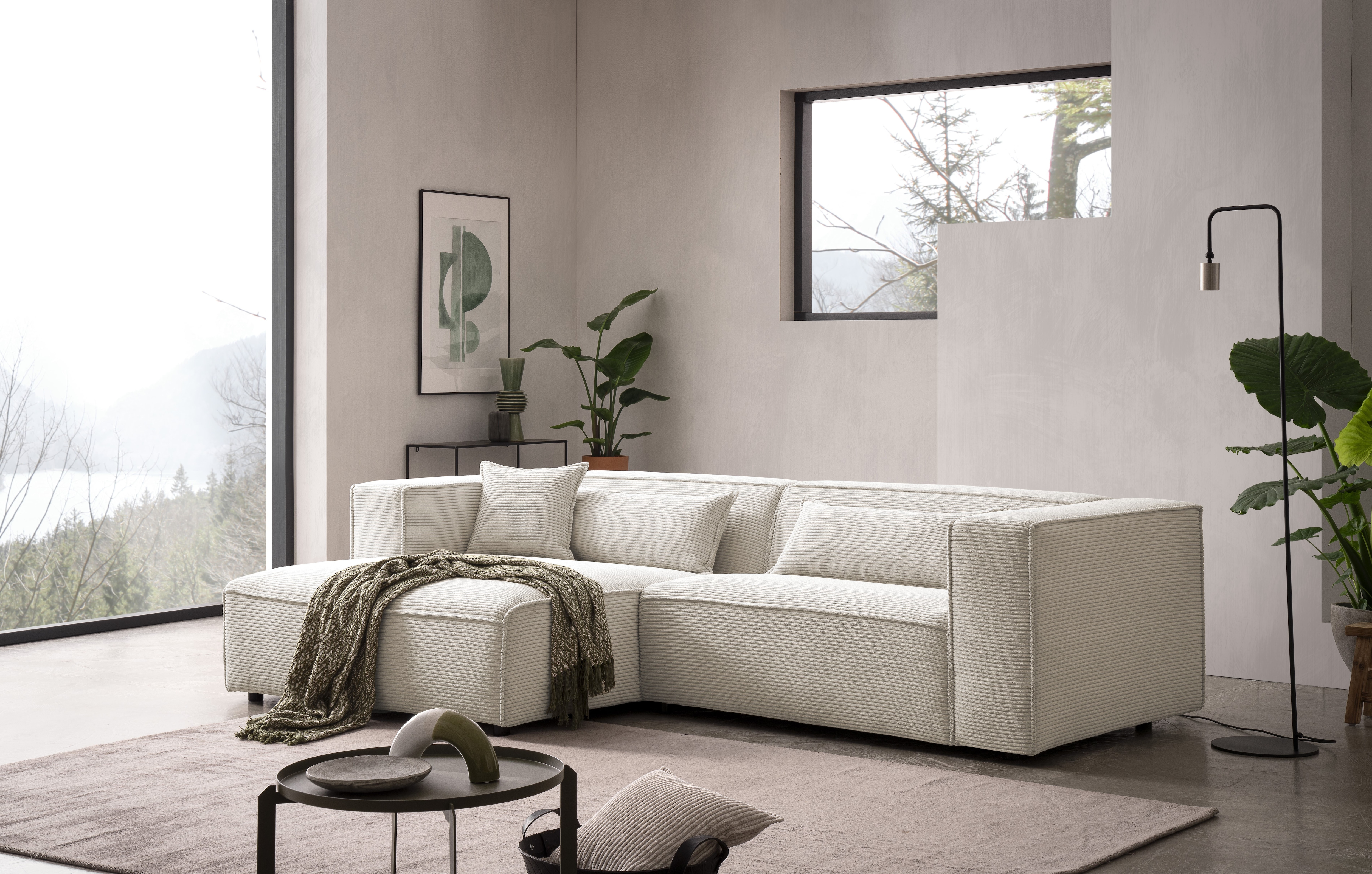 LeGer Home by Lena Gercke Ecksofa "PIARA Cord mit Kedernaht L-Form" wahlweise Ottomane rechts/links, schwarze Füße, bequemer Sitzkomfort