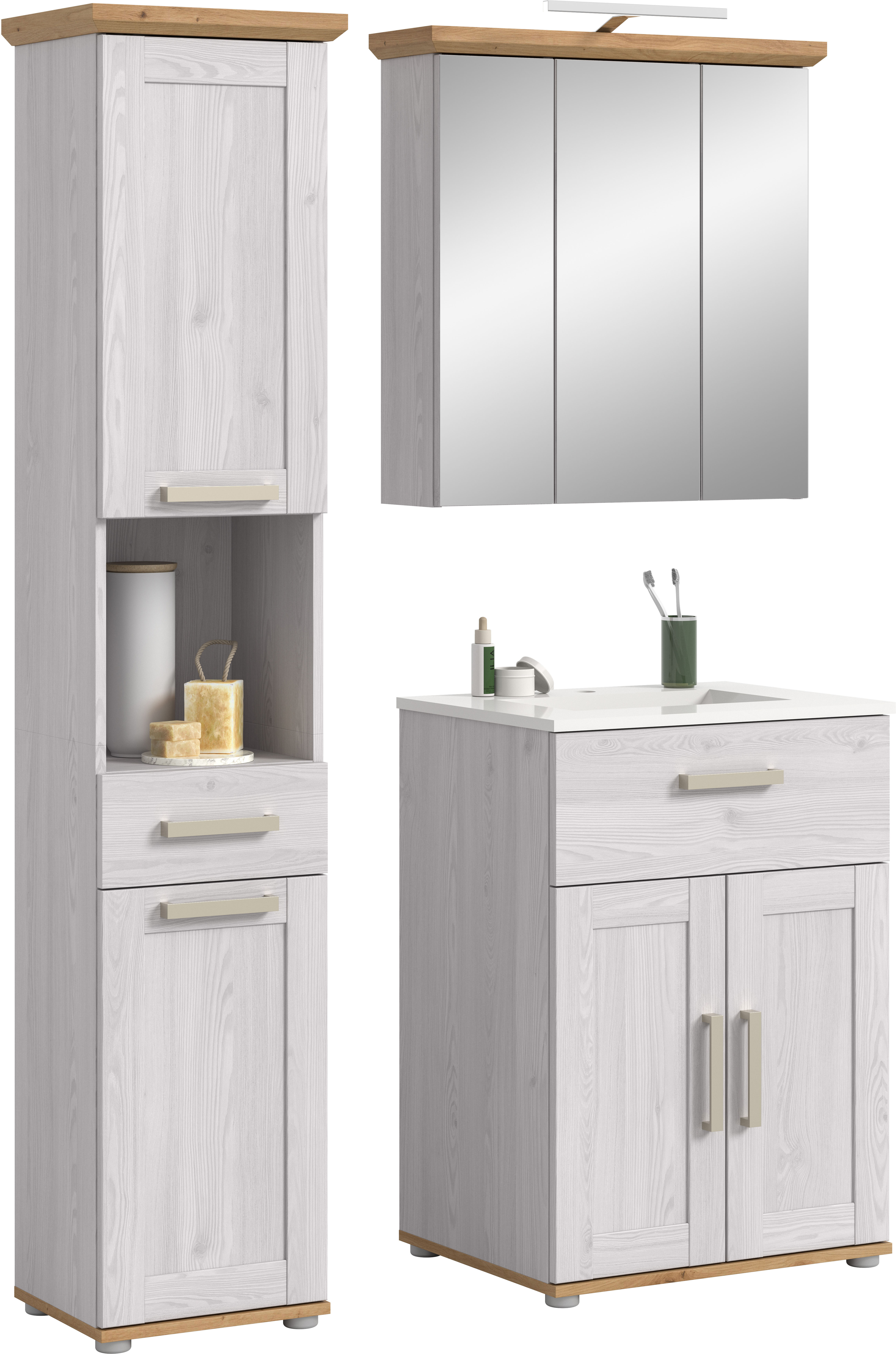 welltime Badmöbel-Set "COSENZA, 3-teilig, inkl. Beleuchtung, mit farblich abgesetztem Kranz" best.aus: Hochschrank, Waschtisch inkl. Waschbecken & Spiegelschrank, 4 Stk. tlg.