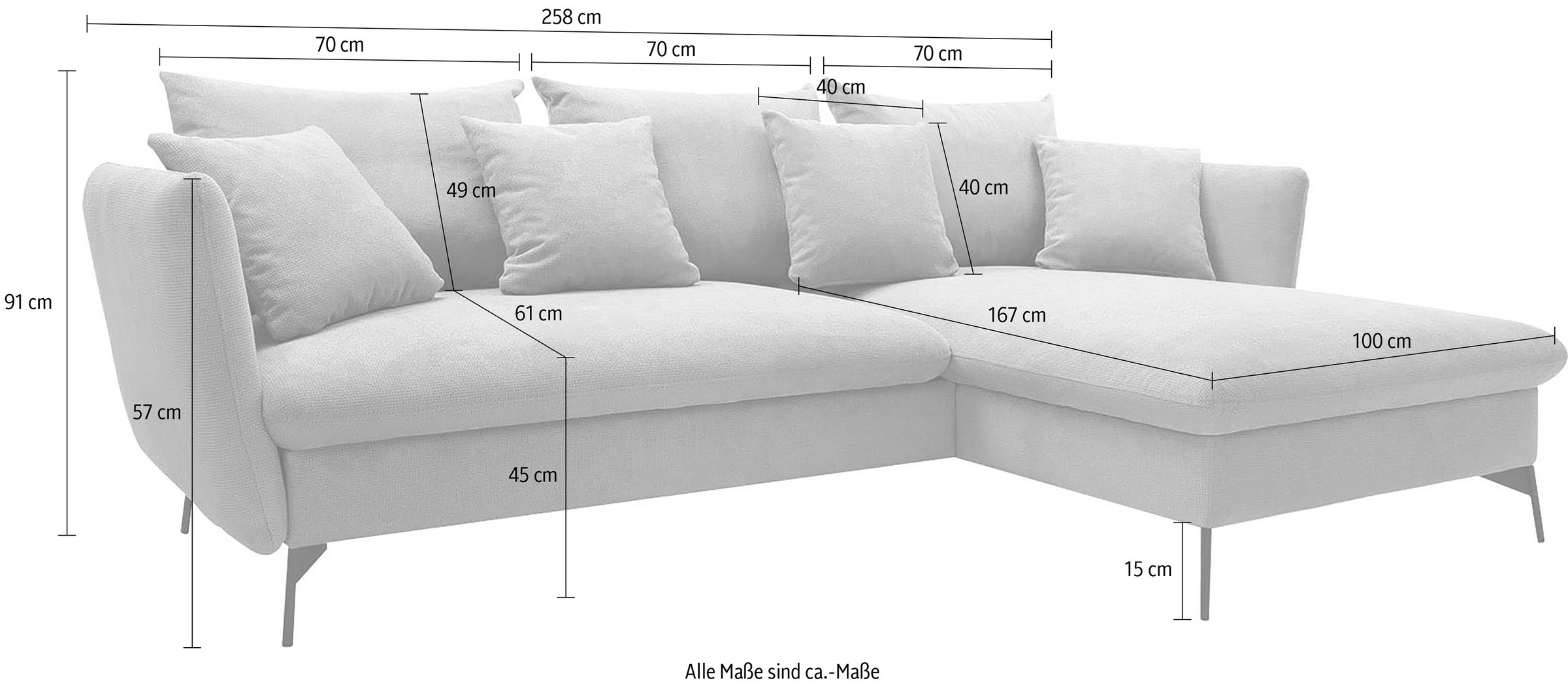 andas Ecksofa »LIVORNO,258 cm, L-Form,«, Schlaffunktion u. Bettkasten (139/224cm), Samt, Struktur, Webstoff