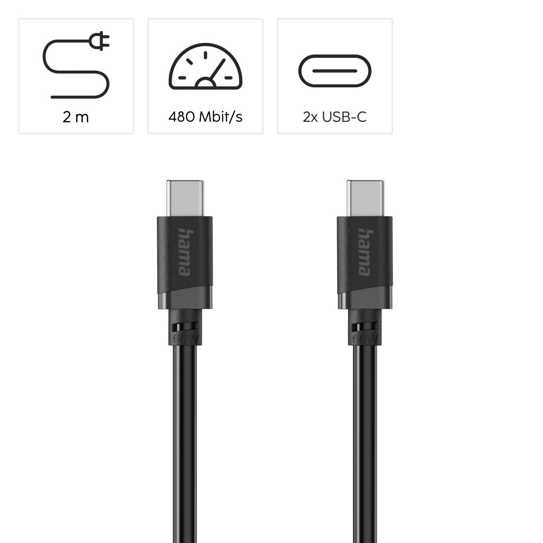 Hama USB-Kabel »USB-C Ladekabel 2 m schwarz« USB-C 200 cm Schnellladen, 480 Mbit/s, 60 W Leistung, breite Kompatibilität