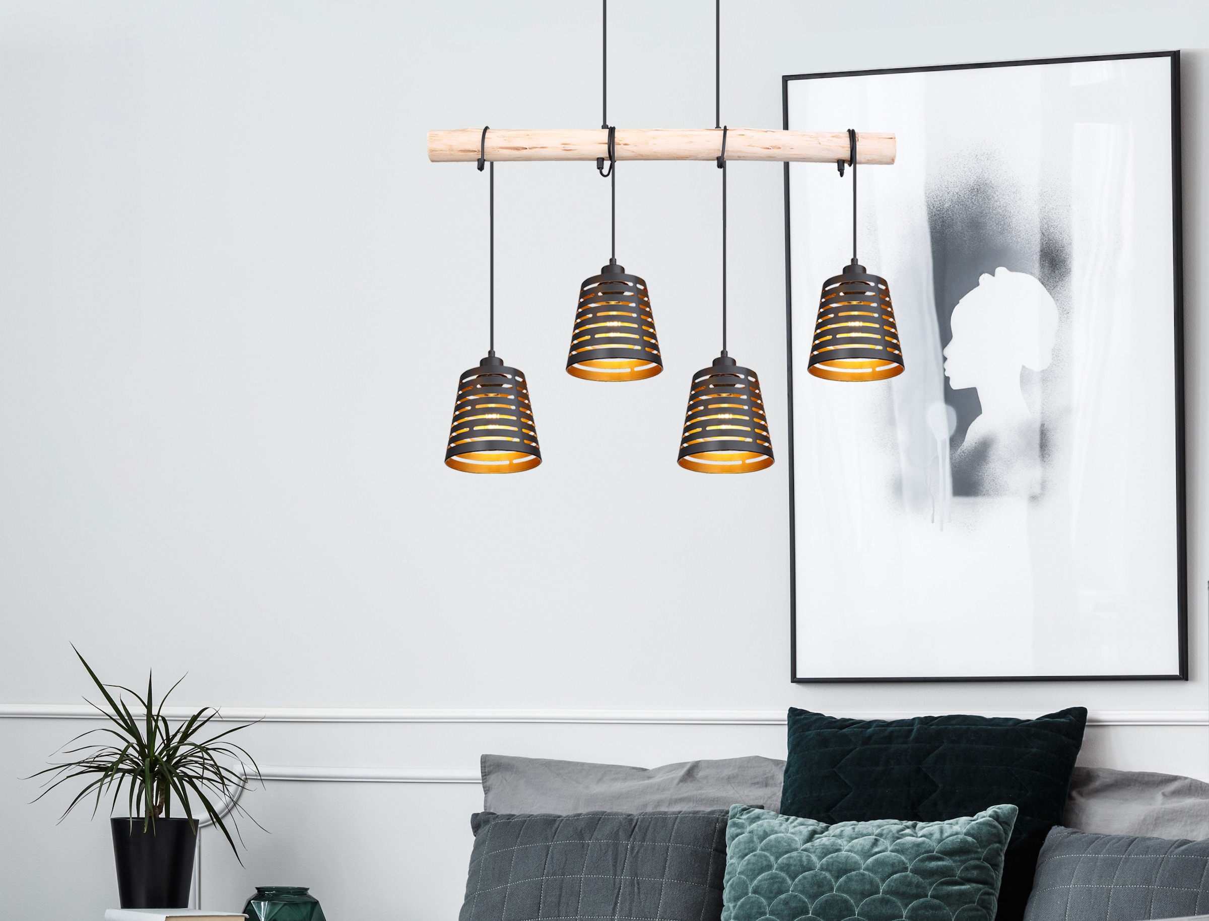 GLOBO LIGHTING Hängeleuchte »ABLONA«, Leuchtmittel E27 | ohne Leuchtmittel, Hängelampe/Pendelleuchte/Holz/goldfarben/Höhe kürzbar