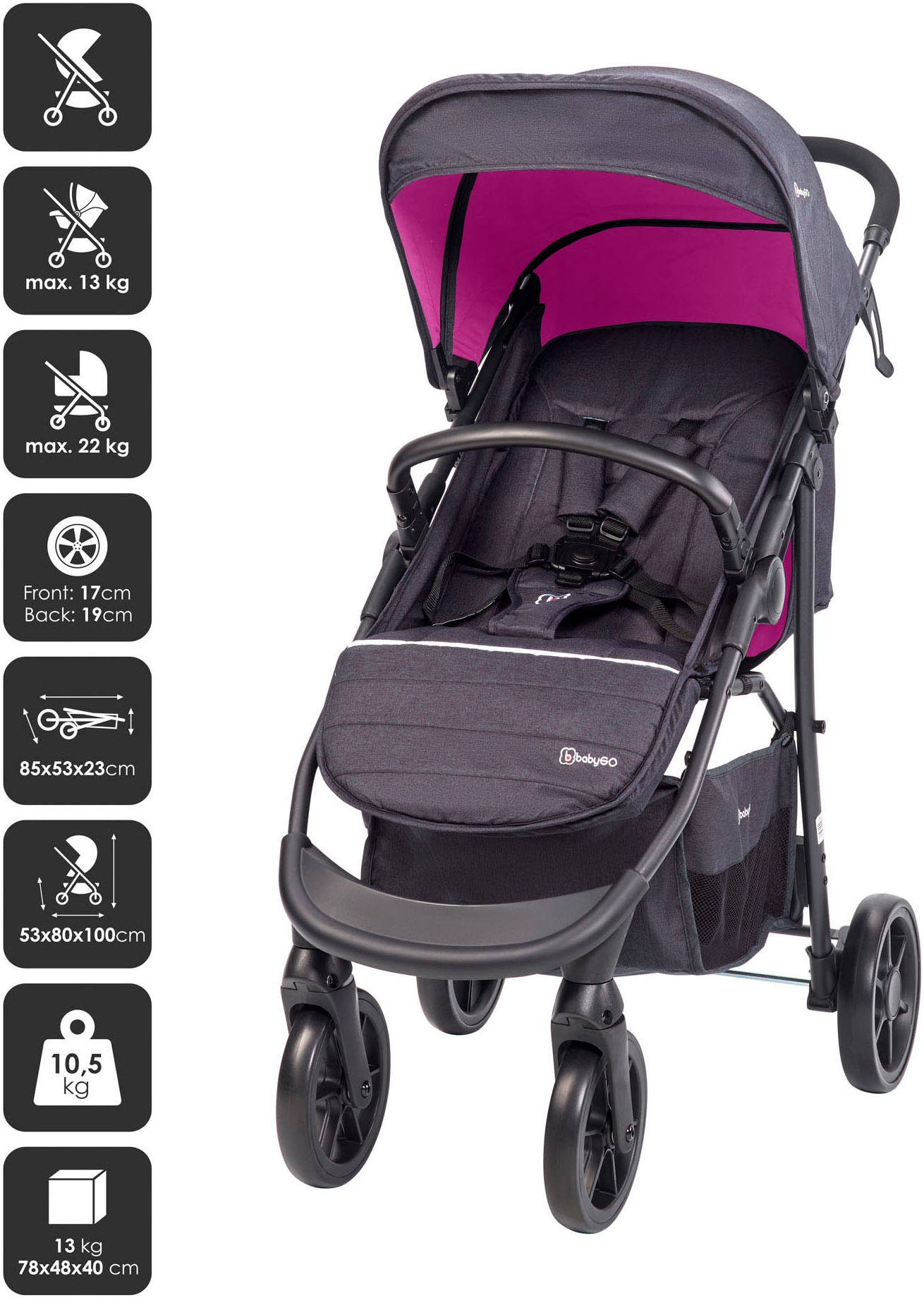 BabyGo Kombi-Kinderwagen »Style - 3in1, rosegold/black«, inkl. Babyschale mit Adaptern u. Wickeltasche