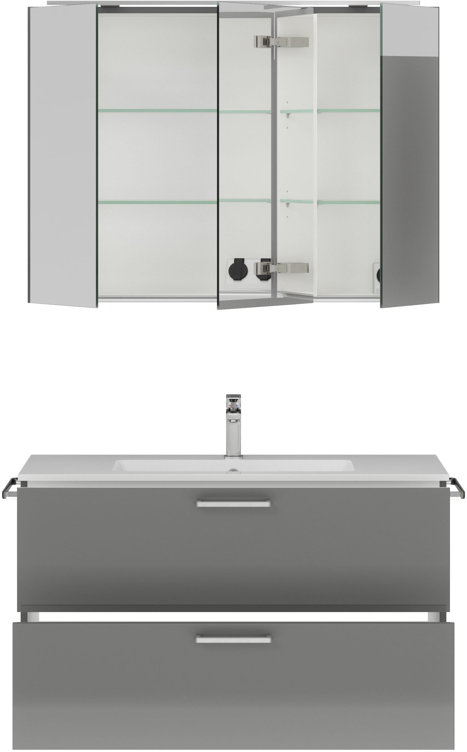 nobilia® Badmöbel-Set »Tolvina«, (2 St., vormontiert, mit Soft-Close), inkl. Spiegelschrank mit Beleuchtung und Dimmerfunktion, in 4 Breiten