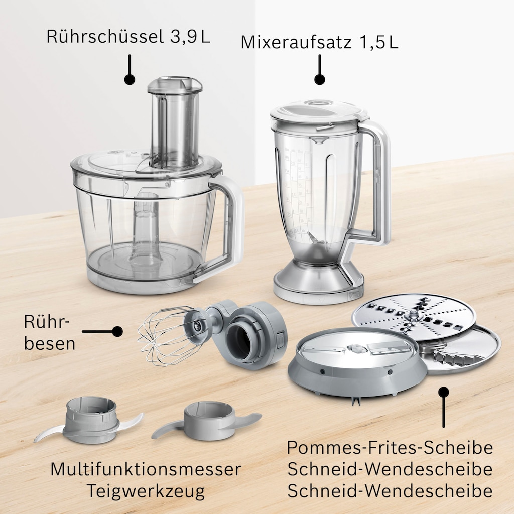 BOSCH Kompakt-Küchenmaschine »MultiTalent 8 MC812S814«, 3,9l Schüssel, 1,5l Mixaufsatz, Rührbesen, Universalmesser, 3 Scheiben