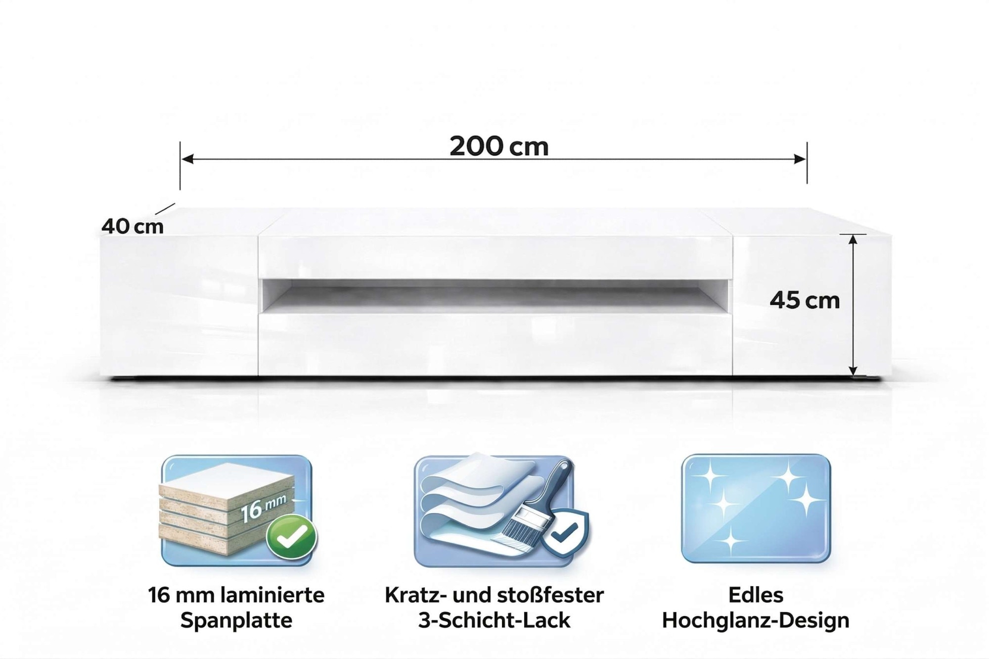 OTTO home Lowboard »LORENZO 2, TV-Board, TV-Kommode, TV-Schrank, TV-Unterschrank, TV-Möbel« Modernes lackiertes Hochglanz TV-Board, grifflos, Breite 200 cm
