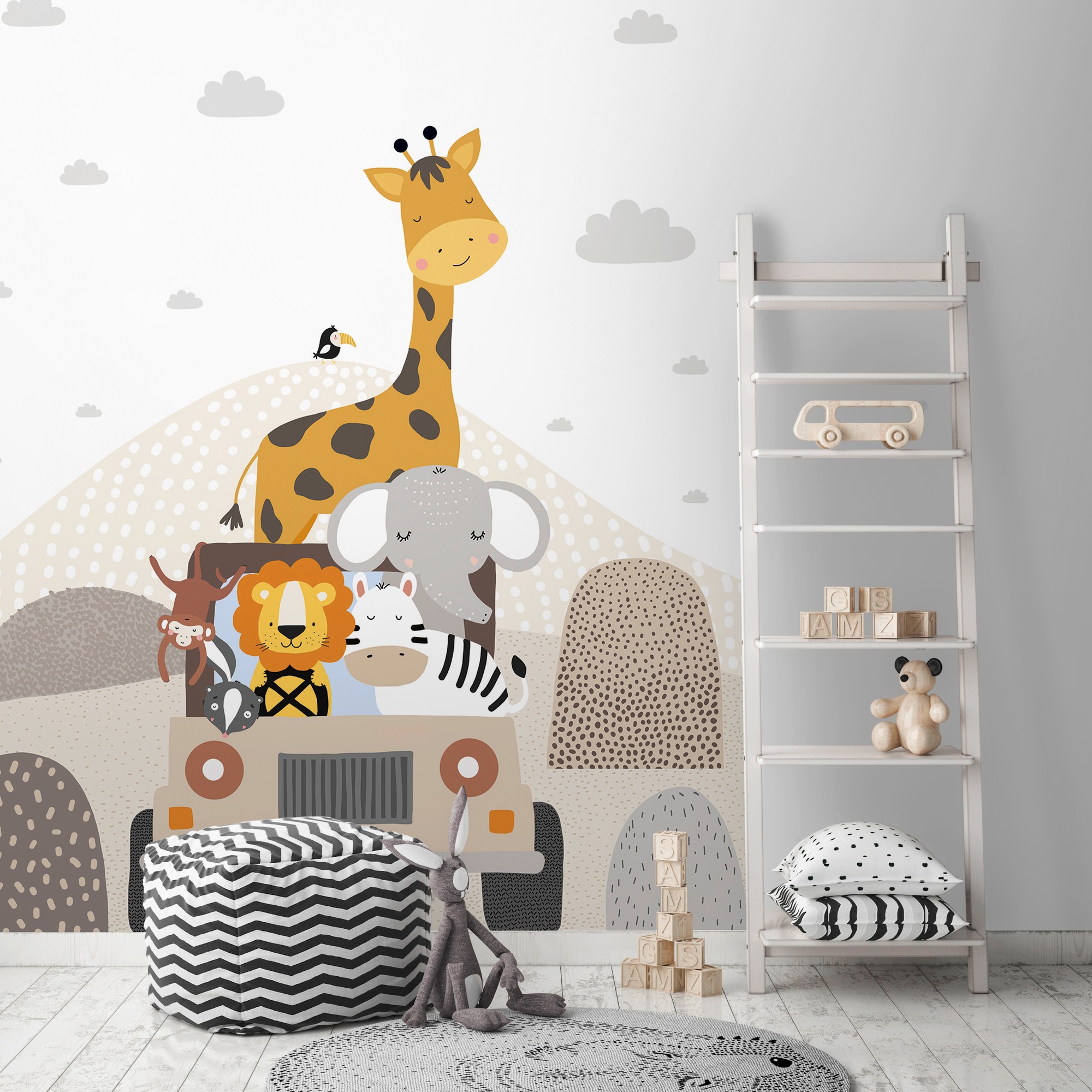 Lüttenhütt Fototapete »Kinderzimmer Safari Tiere«, Auto, mit Löwe, Bär, Elefant, Affe und Zebra Beige, Creme