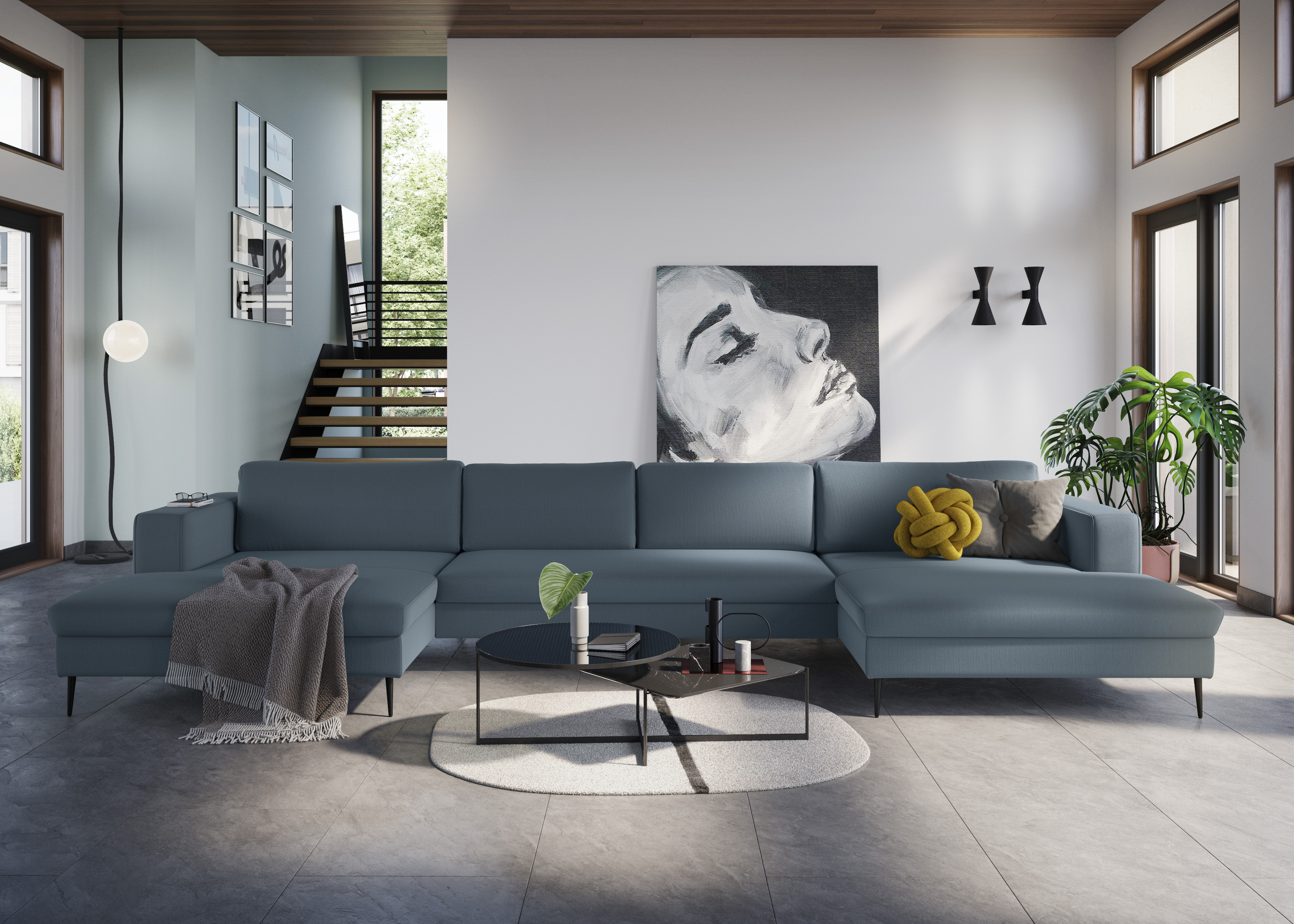 DOMO collection "Modica U-Form aktuelles, kubisches Design mit 2 Recamieren, viel Platz" XXL, auch in Cord, Fußhöhe passend für gängige Saugroboter