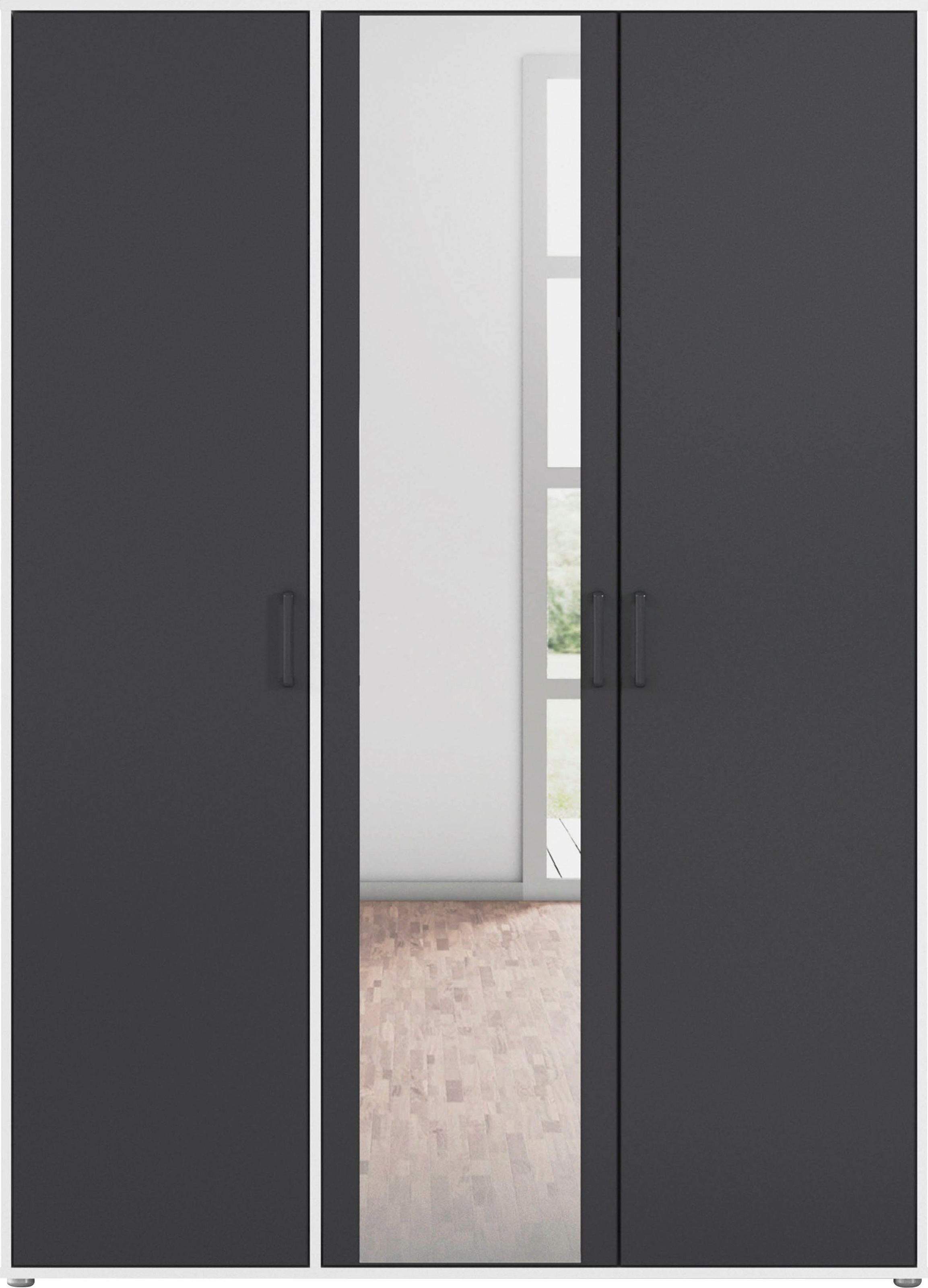 rauch Drehtürenschrank »Kleiderschrank Schrank Garderobe Wäscheschrank VOYAGER«, (in 3 verschiedenen Ausstattungen BASIC/CLASSIC/PREMIUM), mit modernen Griffen in Graumetallic und Spiegel