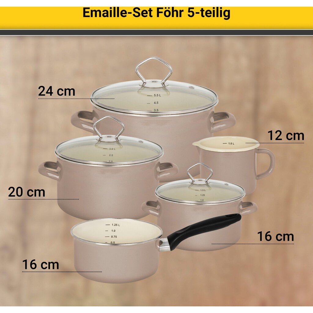 Krüger Topf-Set »Föhr«, Emaille, (Set, 8 tlg., Fleischtopf 16/20/24 cm, Stieltopf 16 cm, Milchtopf 12 cm)